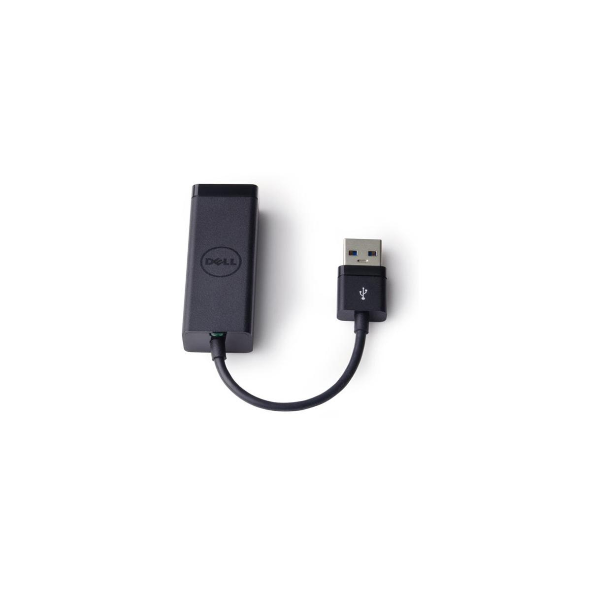 Ein schwarzer Dell-Adapter mit USB-Anschluss auf weißem Hintergrund.