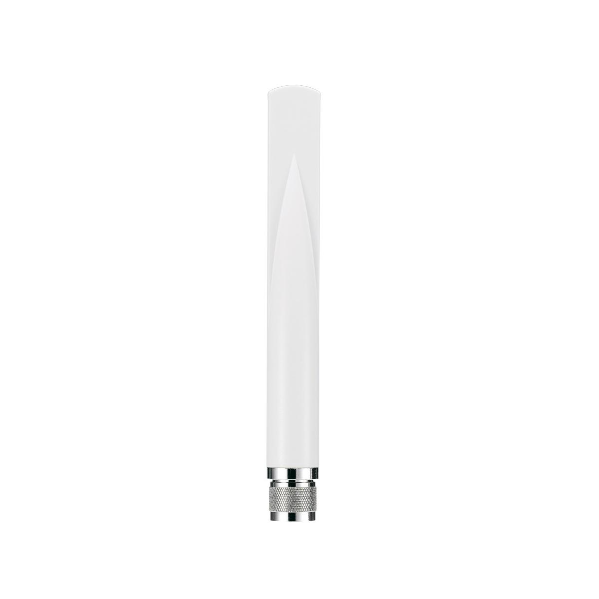 Antena blanca con conector plateado y acanalado abajo.