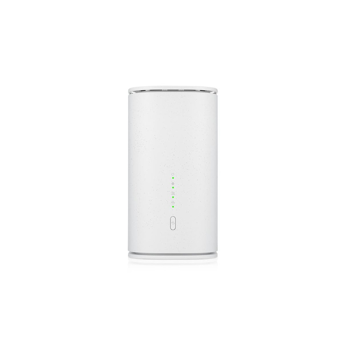 Ein weißer, zylindrischer Router mit grünen LED-Anzeigen und einem Power-Button.