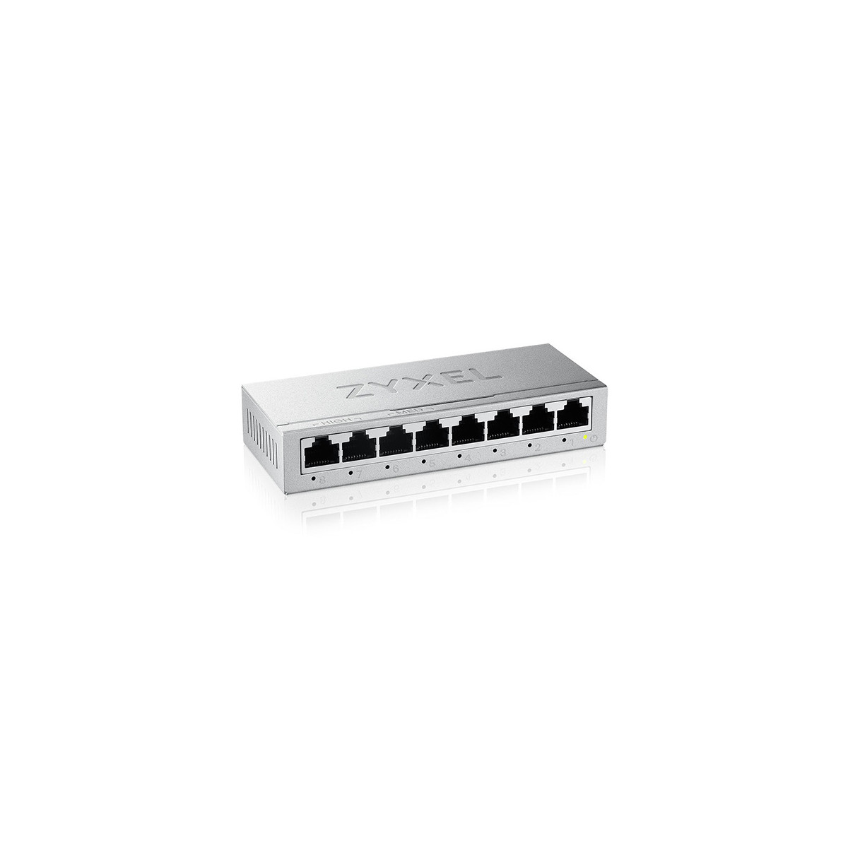 Un switch réseau Zyxel argenté à huit ports sur fond blanc.