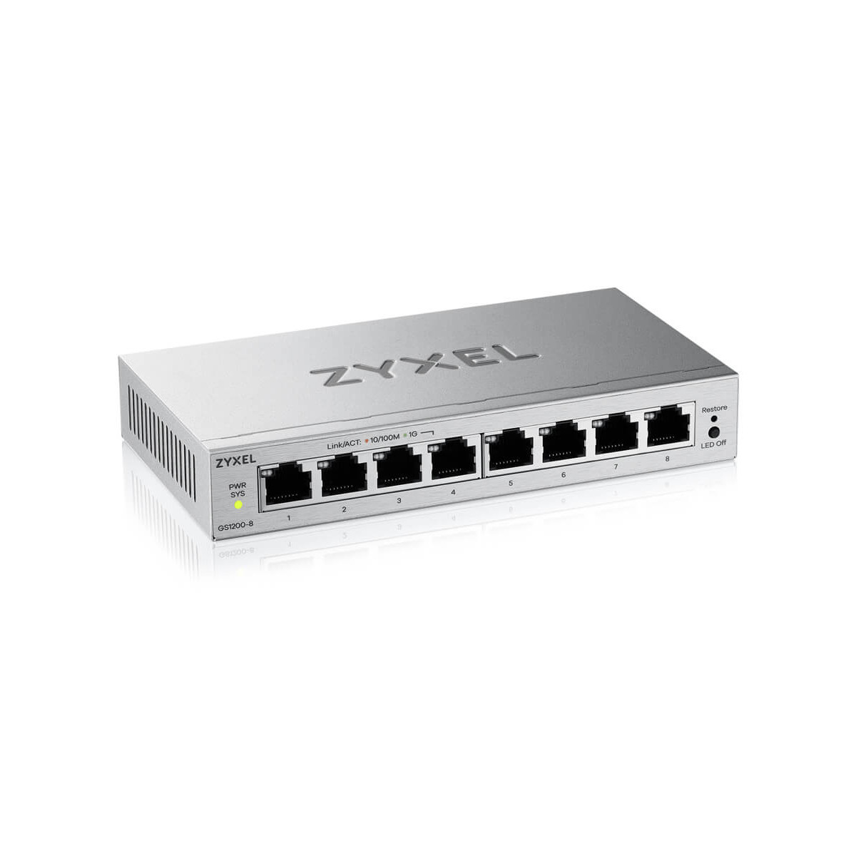 Ein silberner Zyxel GS1200-8 Switch mit 8 Ports, Netzteil und Status-LEDs.