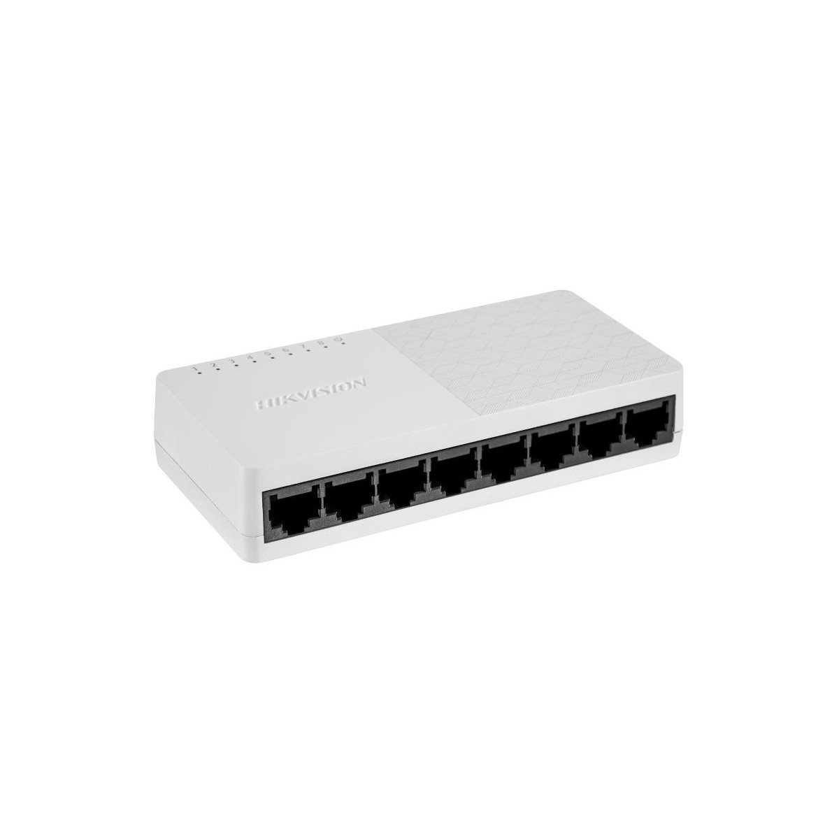 Een witte Hikvision netwerkswitch met acht Ethernetpoorten.