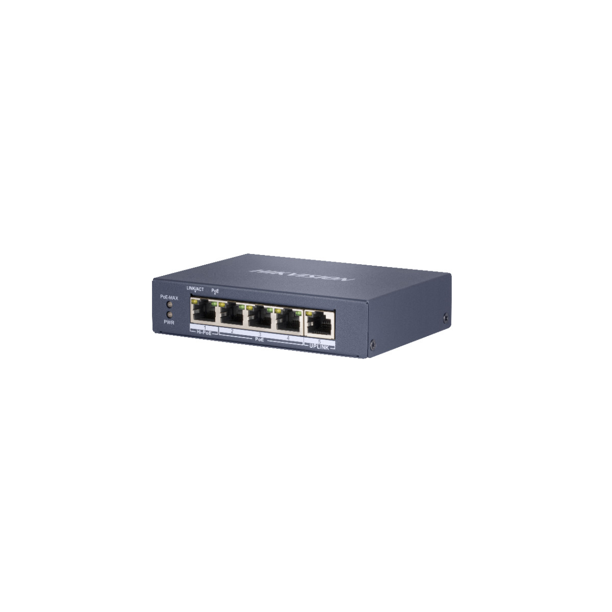 Een grijze Hikvision PoE-switch met vijf poorten met het label 'Uplink'.