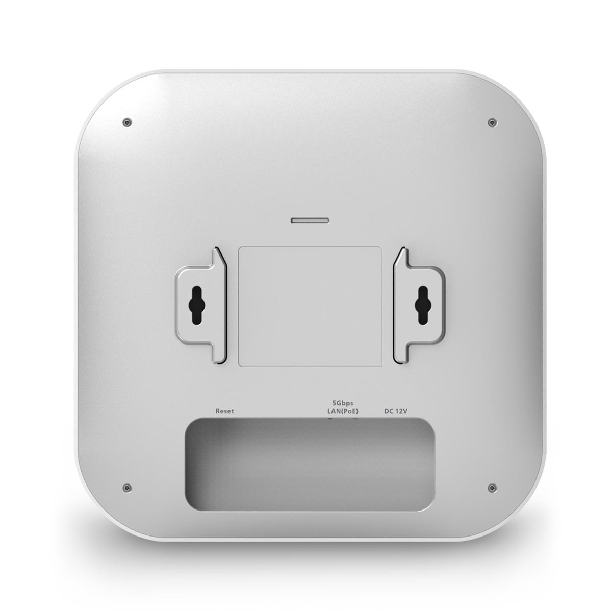 Parte posterior de dispositivo blanco con ranuras para montaje en pared, puertos de reinicio, LAN y 12V CC.
