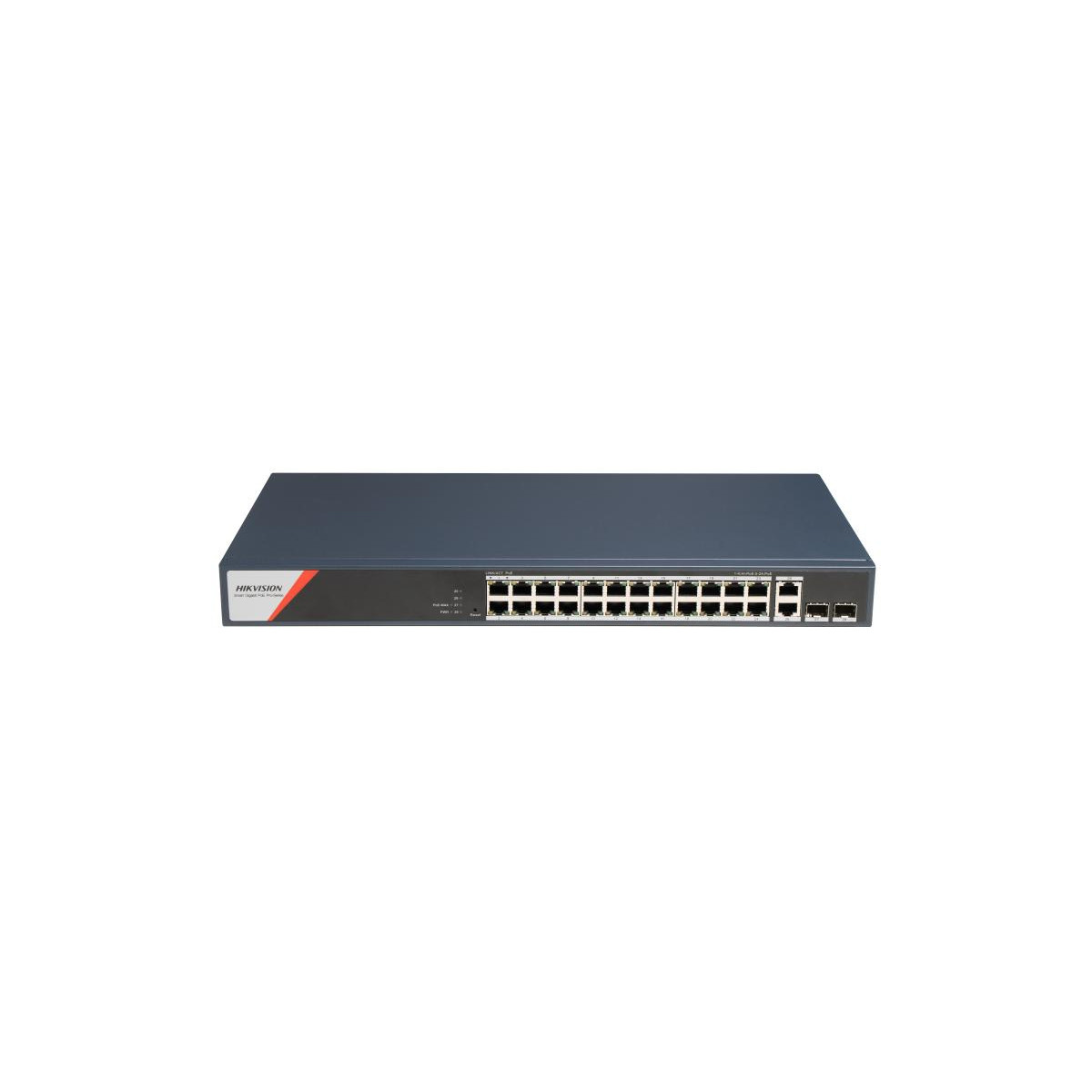 Een grijze Hikvision netwerkswitch met 24 Ethernet-poorten aan de voorkant.
