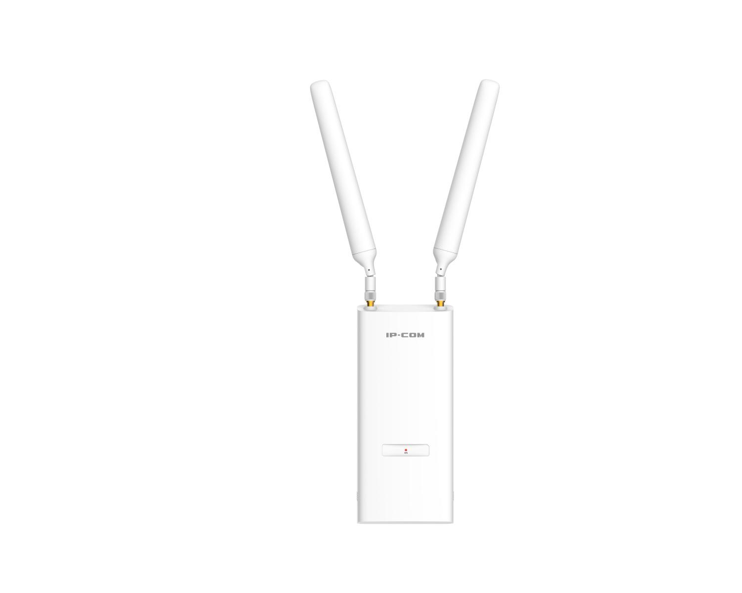 İki antenli beyaz bir Wi-Fi yönlendirici beyaz bir arka plana karşı duruyor.