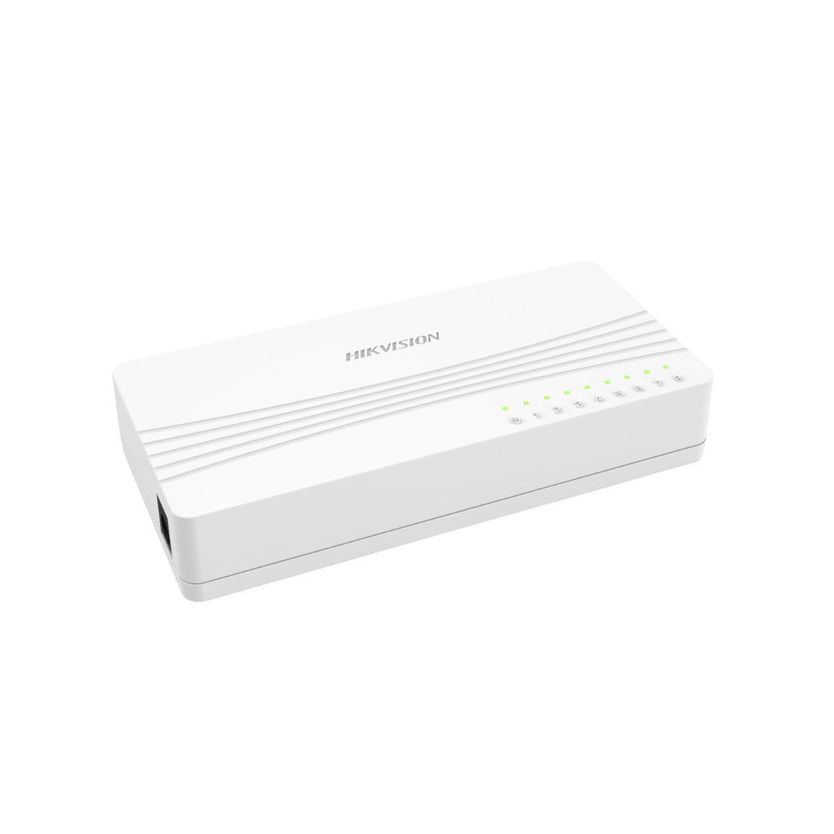 LED göstergeli beyaz Hikvision 8 portlu ağ anahtarı.