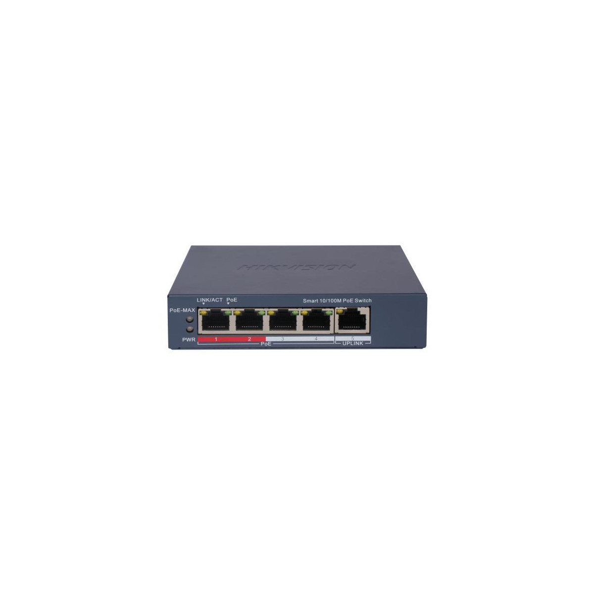 Uno switch PoE Hikvision Smart 10/100M con 4 porte e porta UPLINK.