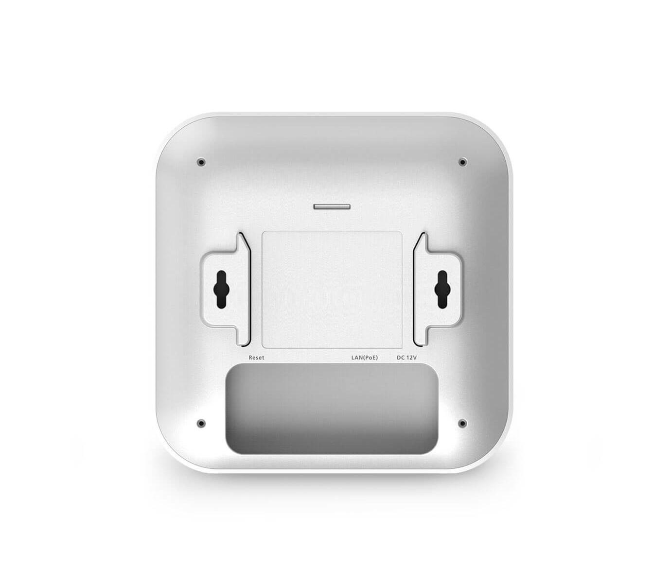 Weiße Rückseite eines Geräts mit Anschlüssen für Reset, LAN (PoE) und DC 12V.