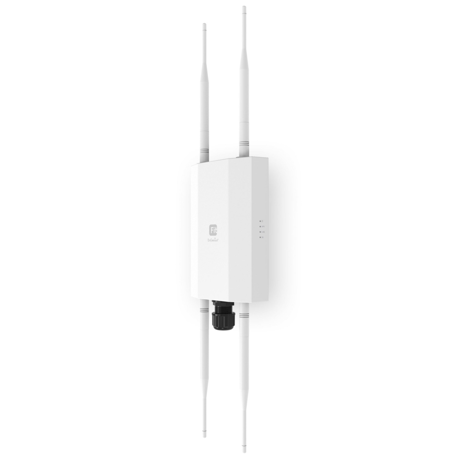 Ein weißes rechteckiges Gerät mit vier Antennen, zwei oben und zwei unten, mit einem schwarzen Stecker in der Mitte.