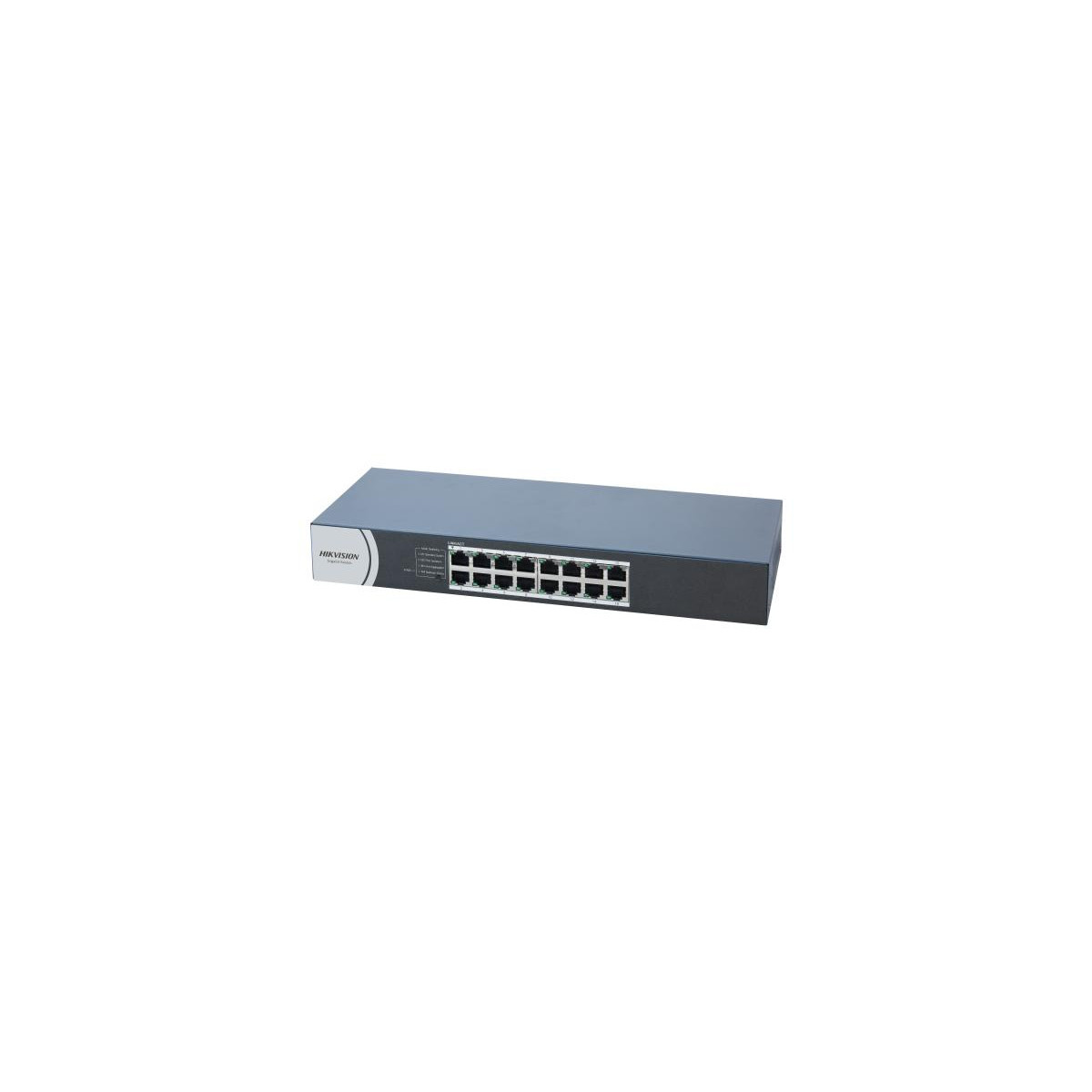 Un switch de red Hikvision gris de 24 puertos sobre fondo blanco.