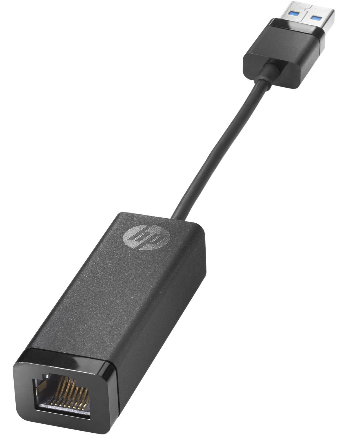 Adaptador HP USB a Ethernet negro con logo y puerto RJ45.