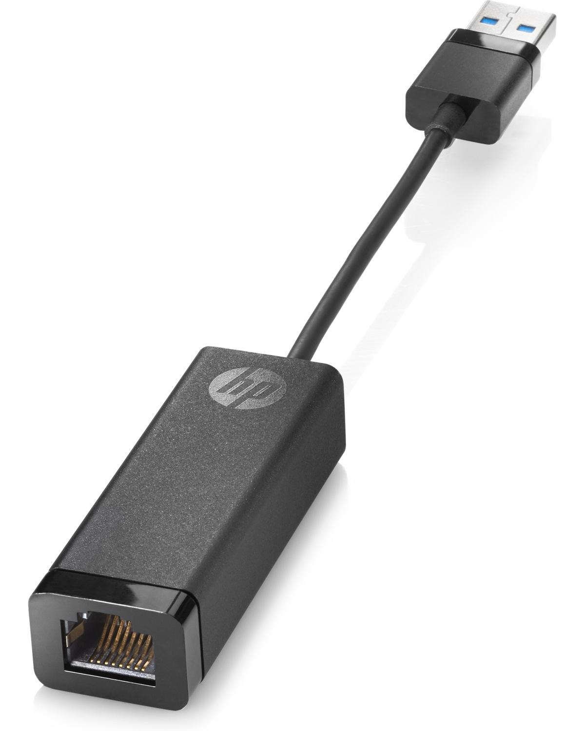 Un adaptador USB a Ethernet negro con logo HP y conector USB azul.