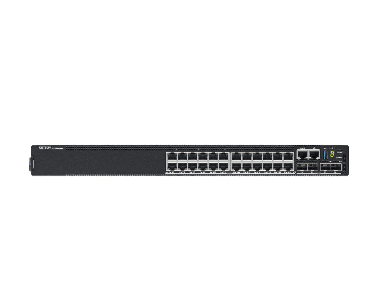 Czarny przełącznik sieciowy Dell EMC N2224X-ON z 24 portami.