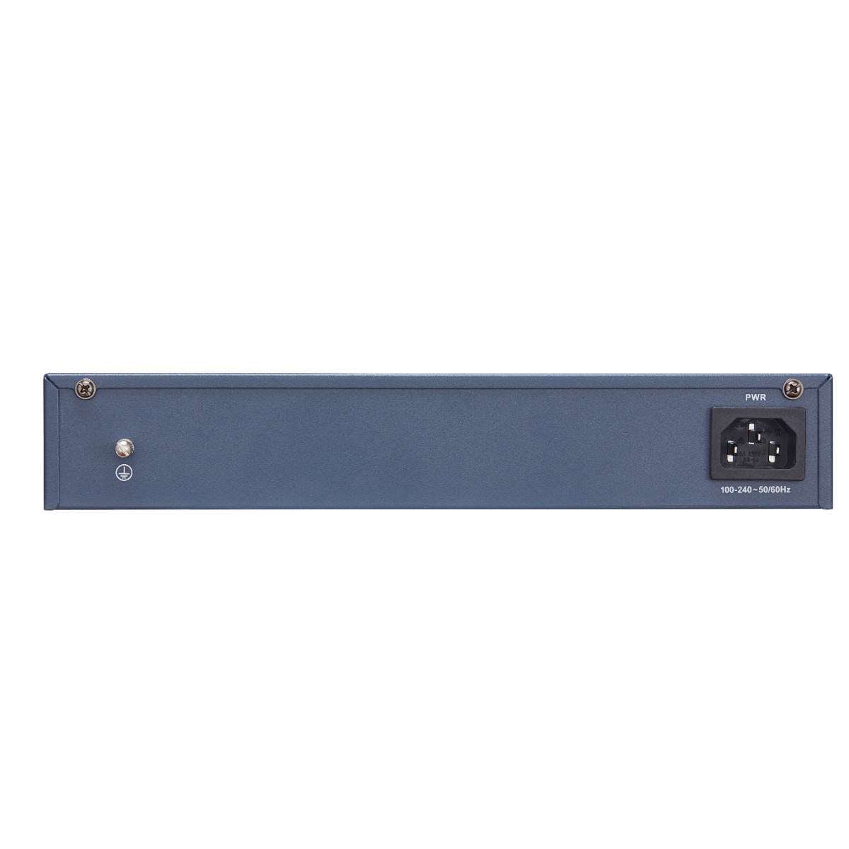 Parte trasera de un dispositivo azul con conector de alimentación y símbolo de tierra.