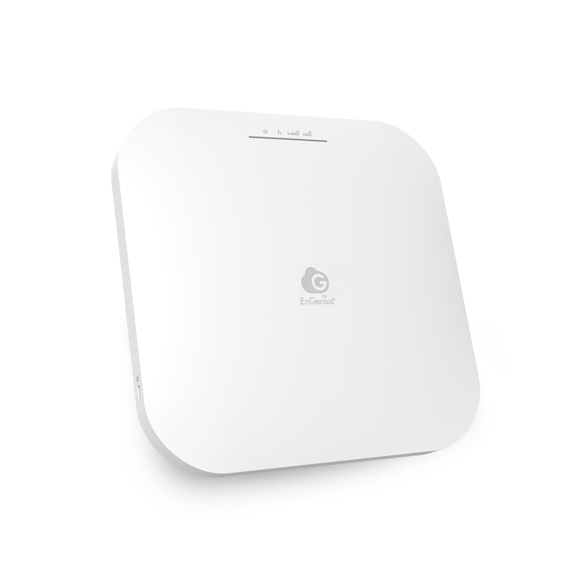 Un punto di accesso EnGenius bianco con indicatori e logo.