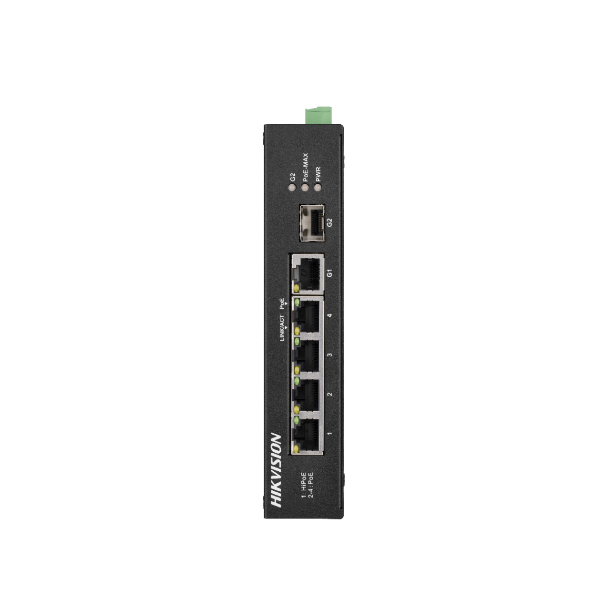 PoE özellikli siyah Hikvision ağ anahtarı, 5 portlu.