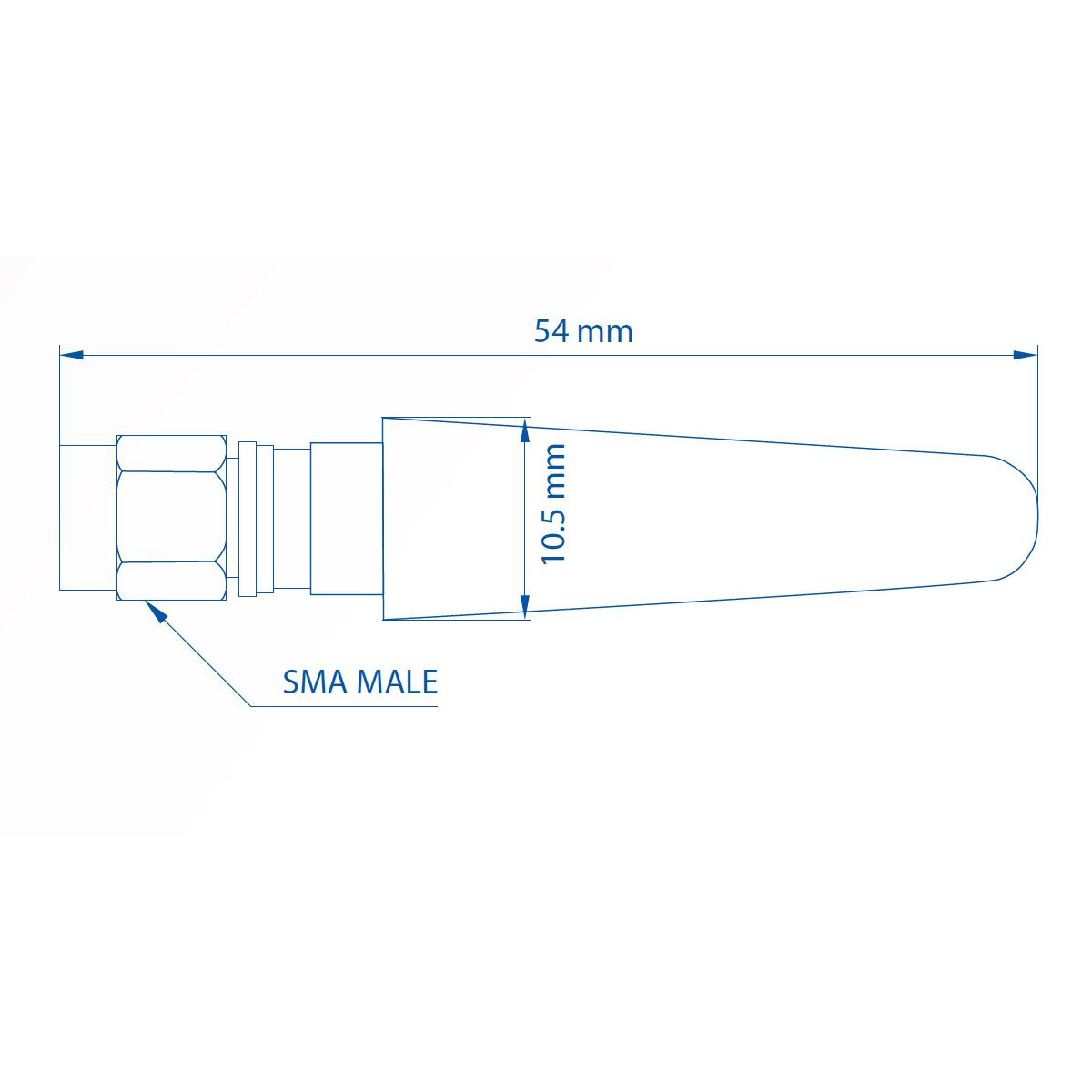 Disegno tecnico di un connettore SMA maschio, lunghezza 54 mm, larghezza 10,5 mm.