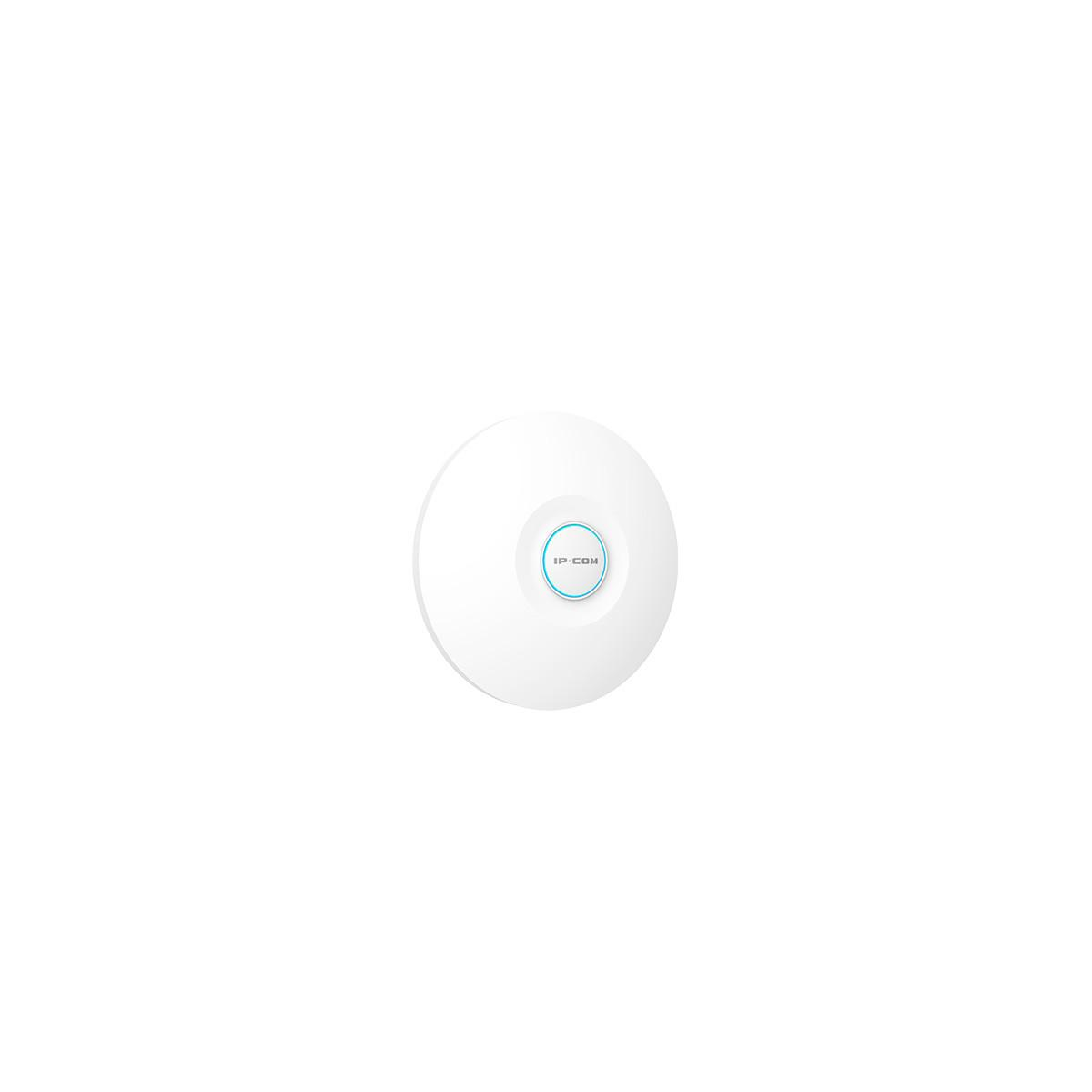 Ein weißer IP-COM WLAN Access Point mit blauem LED-Ring ist mittig auf weißem Grund.