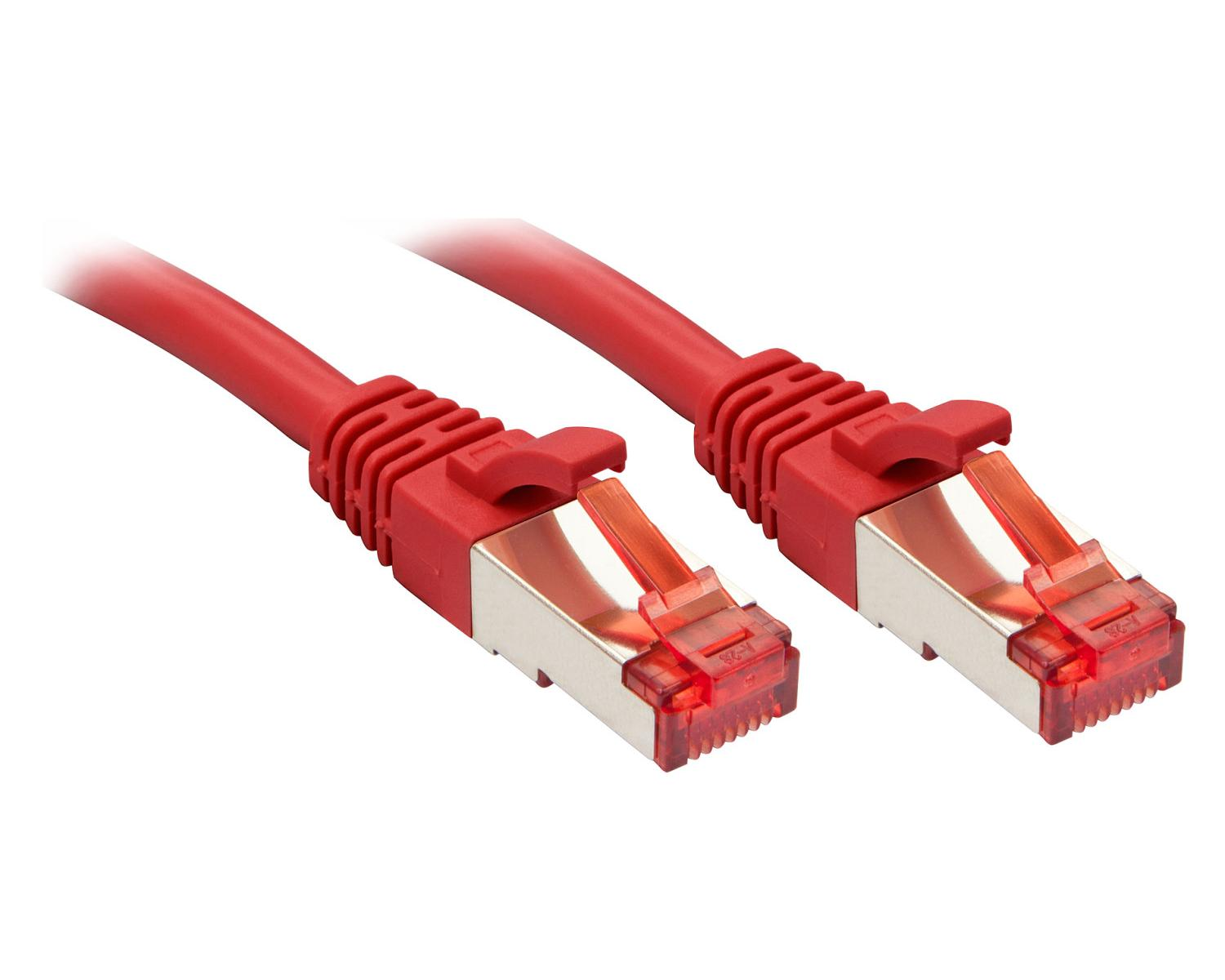 Deux câbles Ethernet rouges avec connecteurs argentés sur fond blanc.
