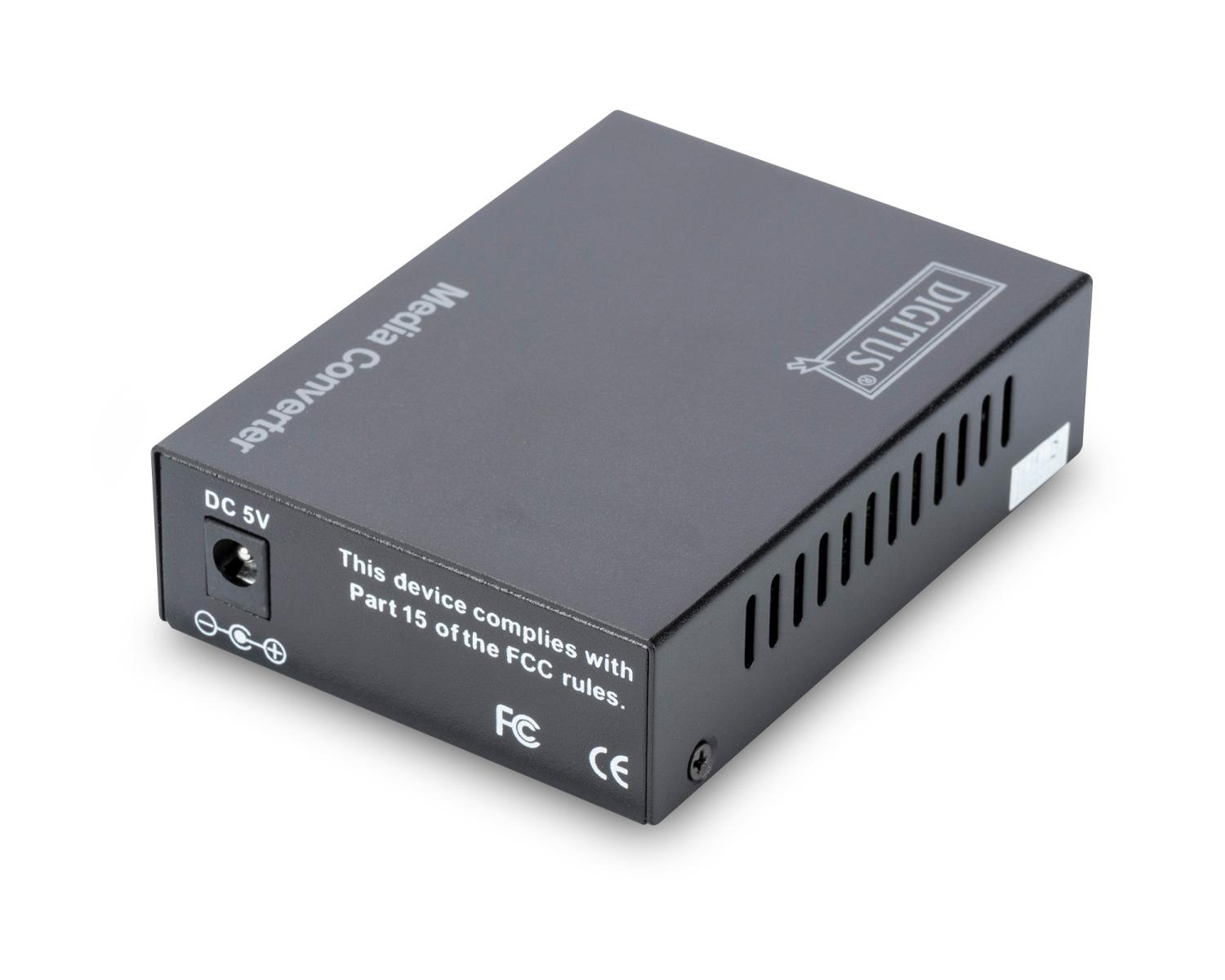 A black Digitus Media Converter with DC 5V input and FCC/CE markings.
