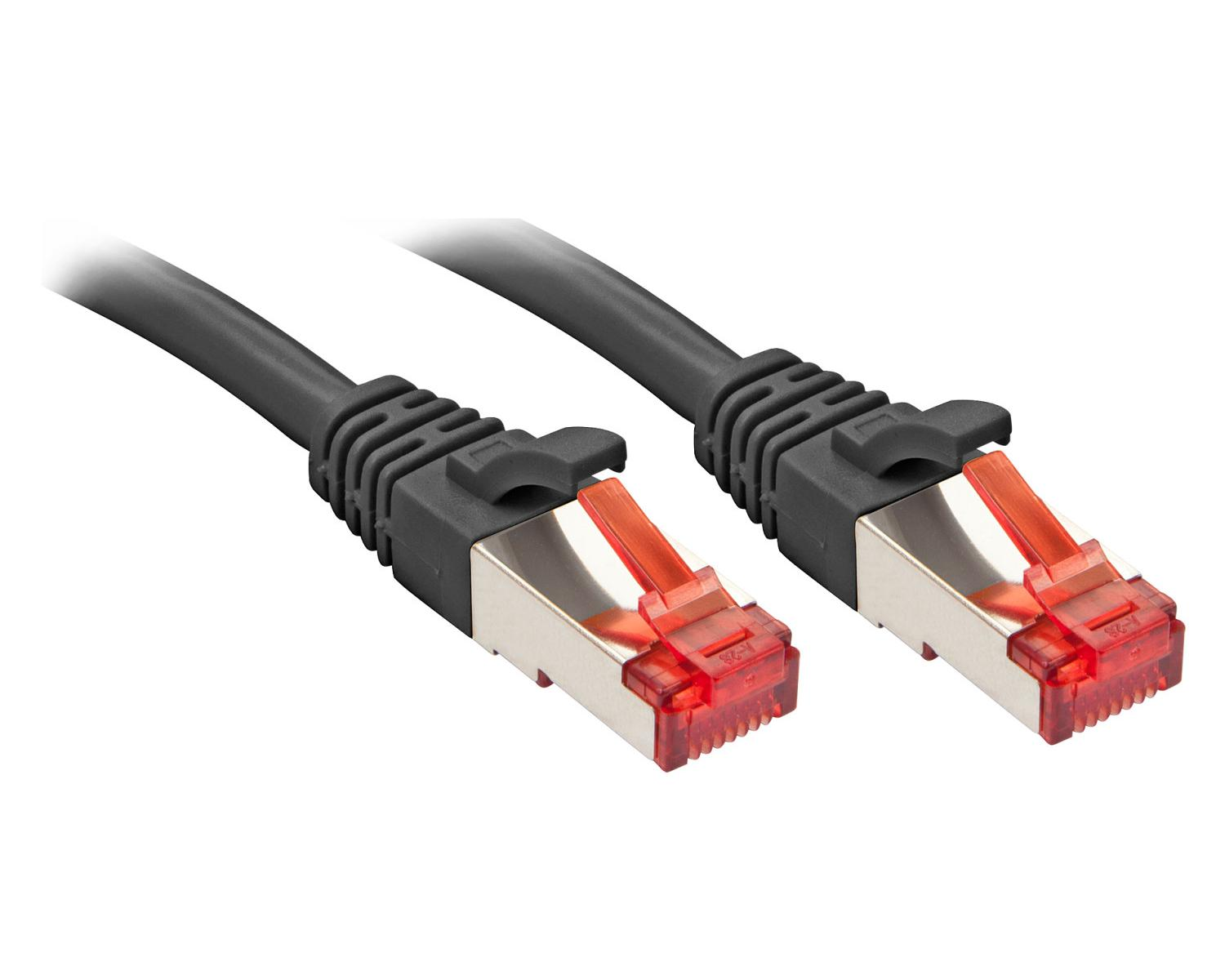 Twee zwarte netwerkkabels met rode RJ45-connectoren en metalen behuizingen.