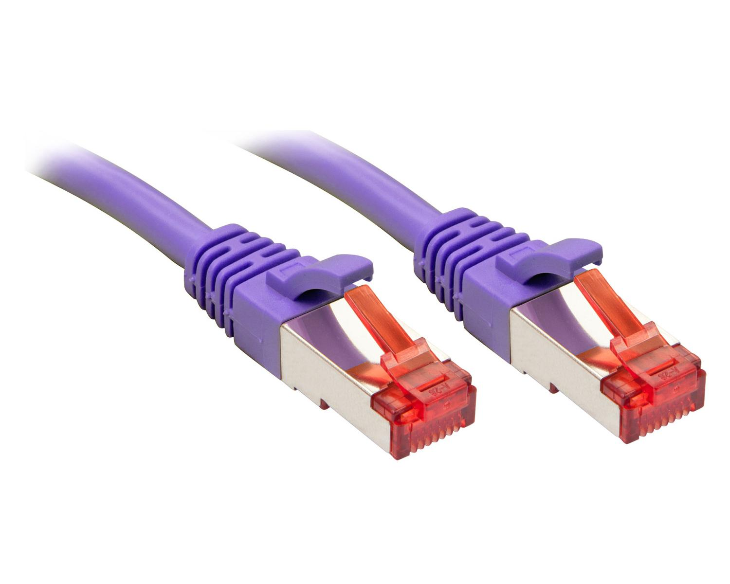 Twee paarse netwerkkabels met zilveren connectoren en rode dopjes.