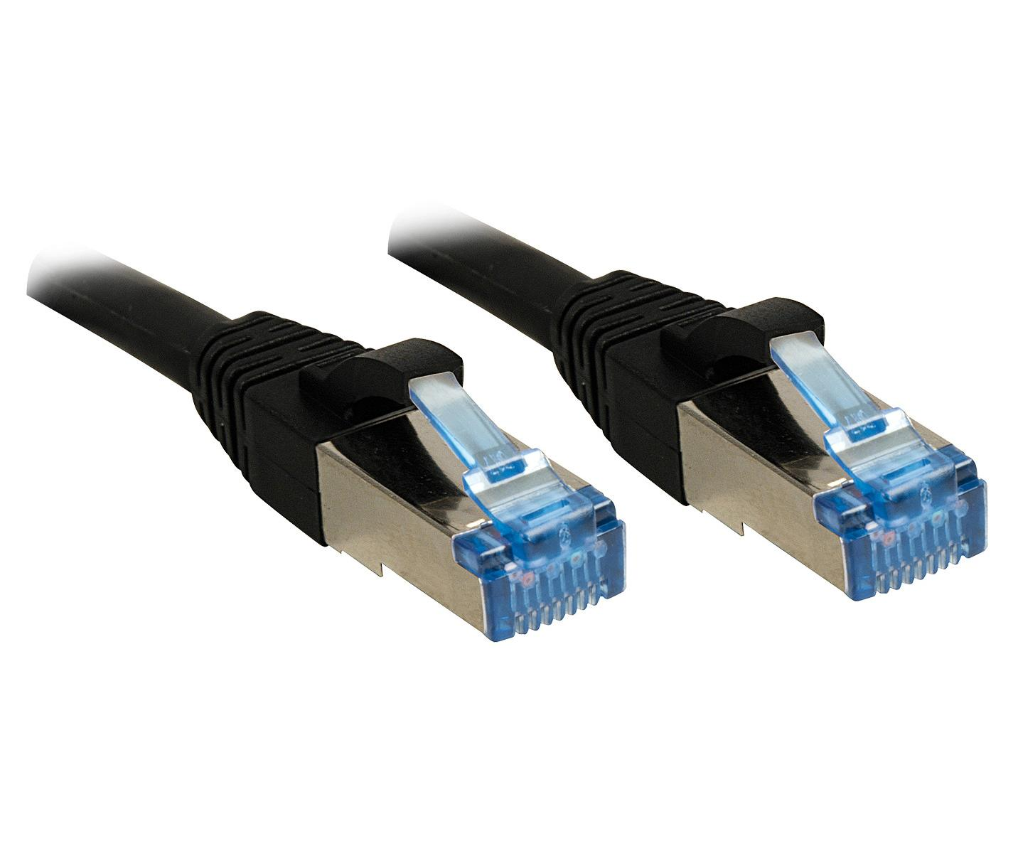 Dos cables de red negros con conectores plateados y clips de bloqueo azules