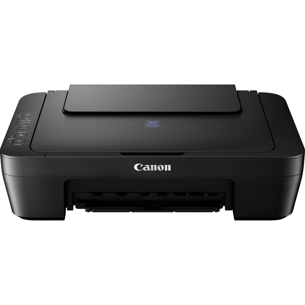 Ön kontrol panelli ve yukarı katlanan kapaklı siyah Canon Pixma yazıcı.