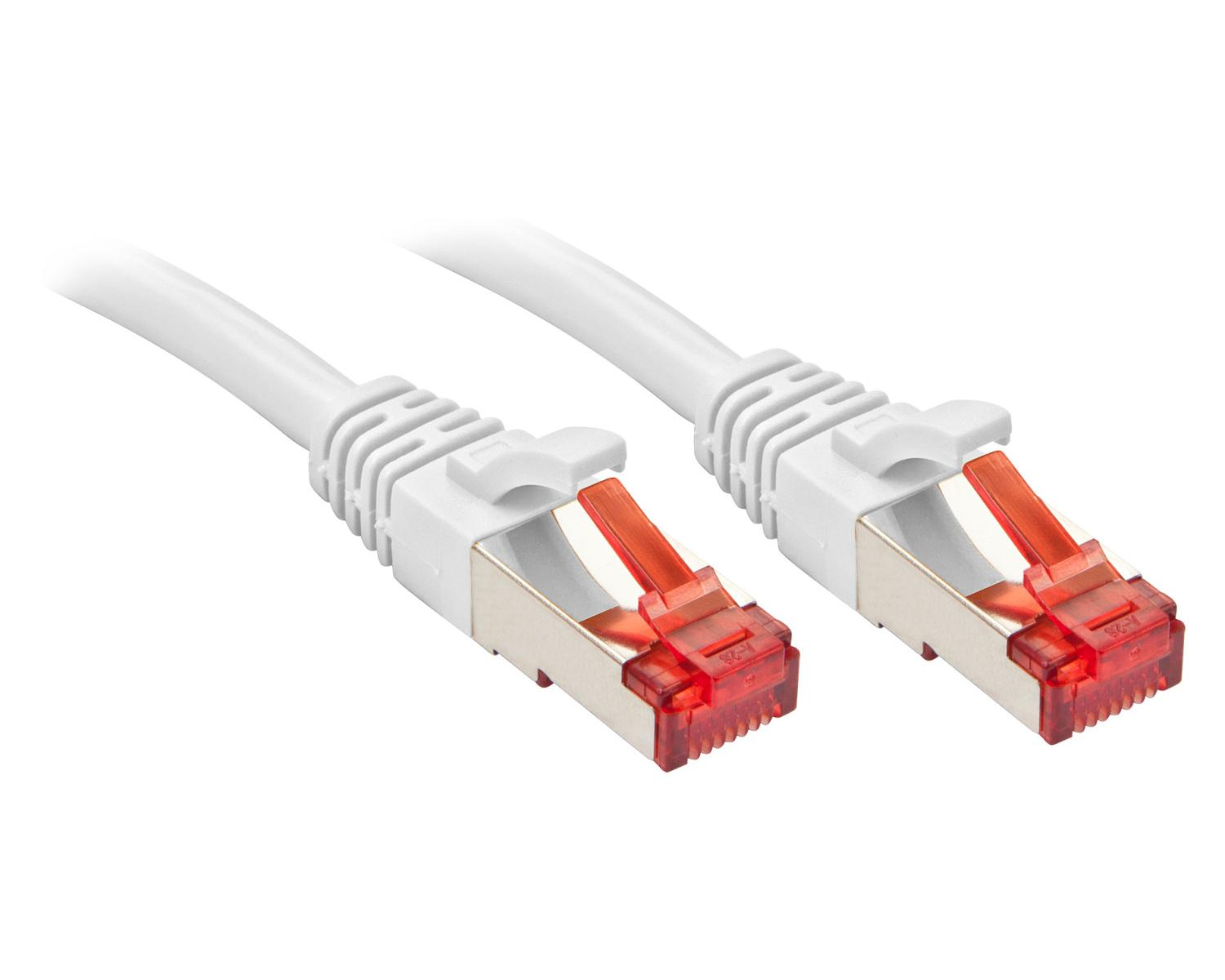 Twee witte Ethernetkabels met rode connectoren en zilveren behuizingen.