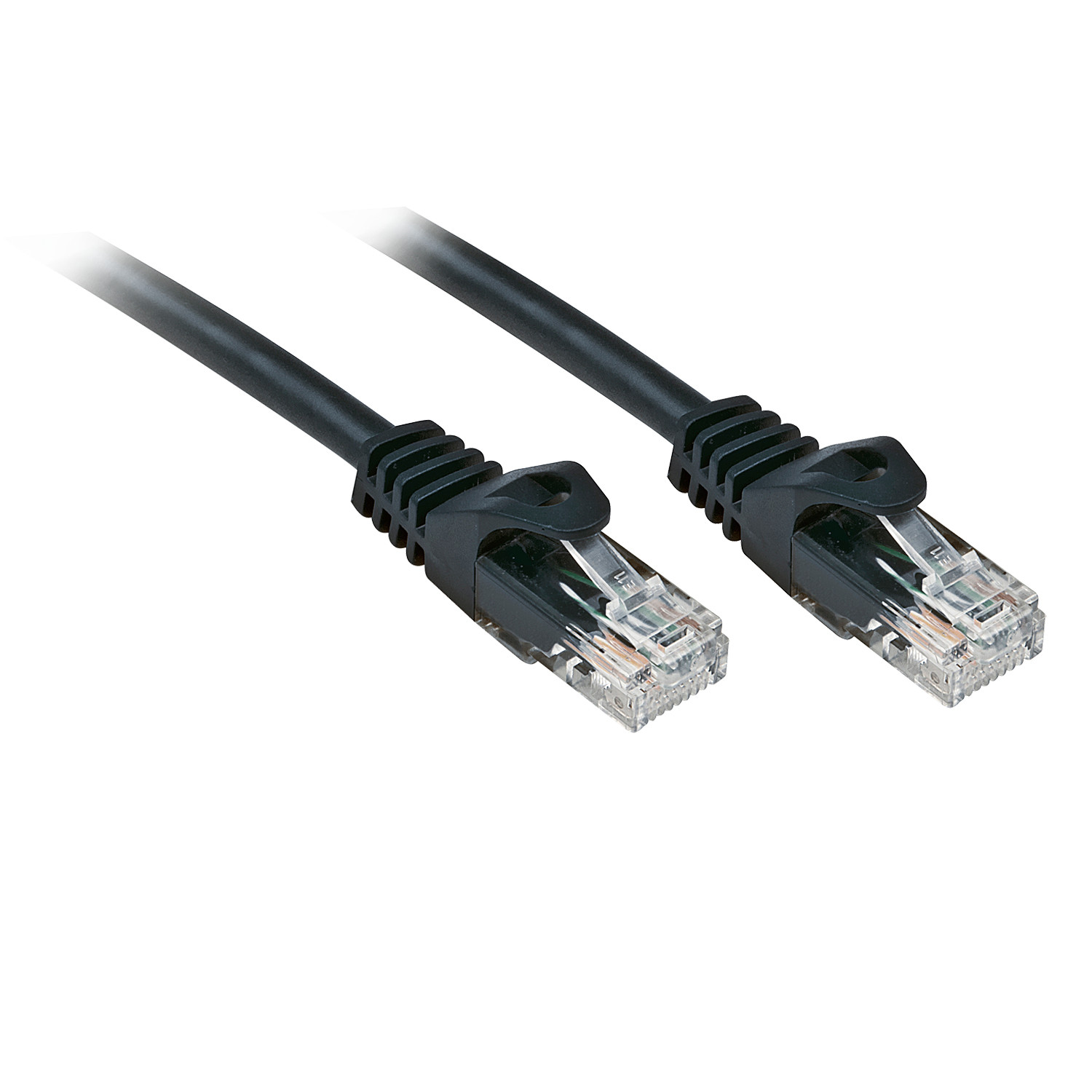 Un cavo Ethernet nero con due connettori RJ45 su sfondo bianco.