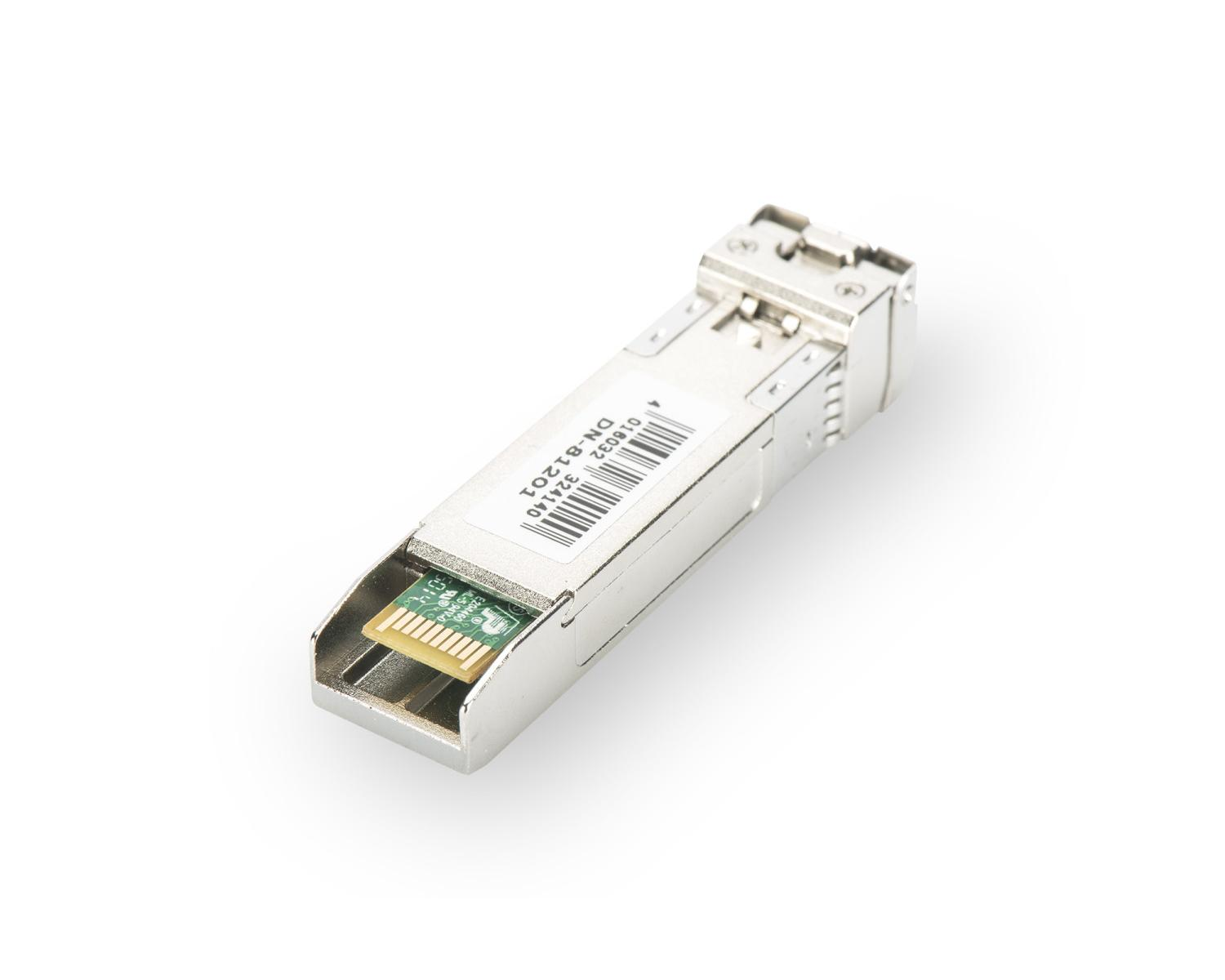 Srebrny moduł transceivera sieciowego z etykietą pokazującą DN-B1201 i kod kreskowy.