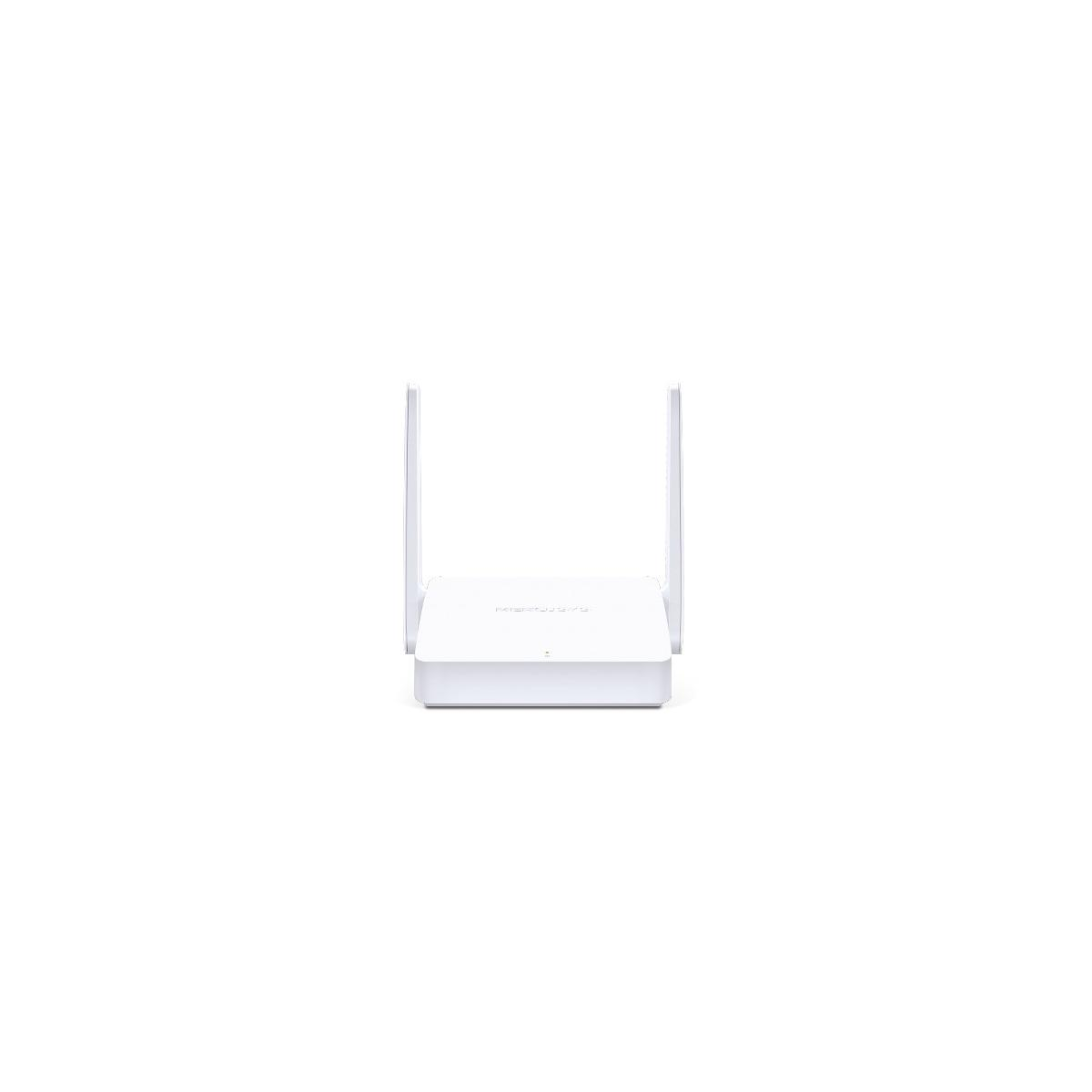 Ein weißer WLAN-Router mit zwei Antennen steht vor einem weißen Hintergrund.
