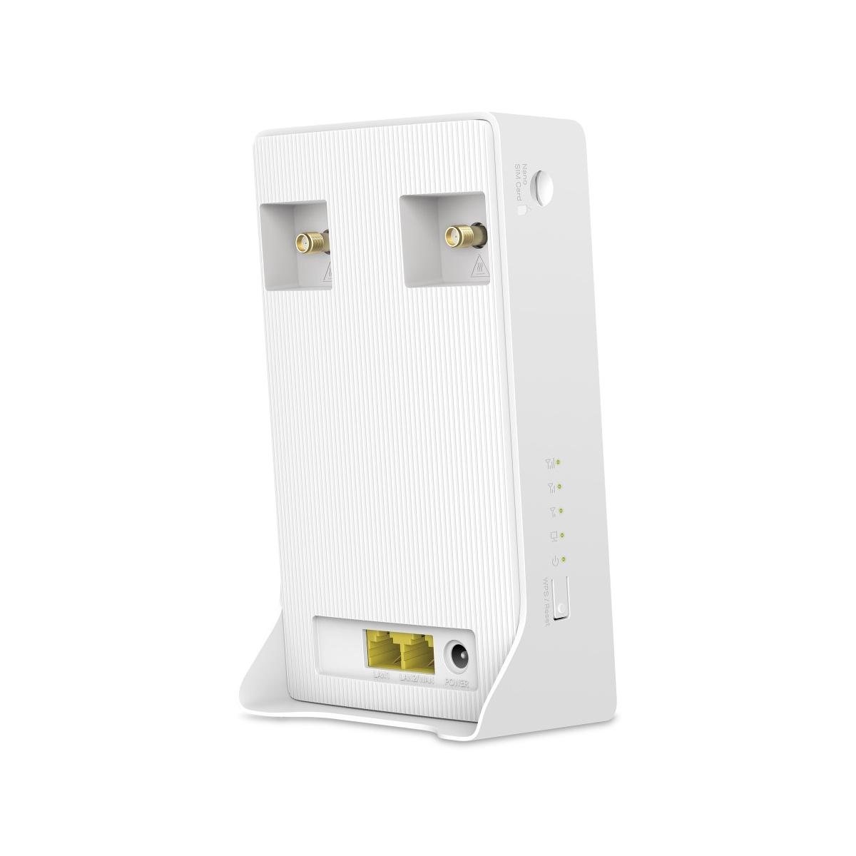 Ein weies Gerät mit zwei Antennenanschlsüssen und LAN/WAN-Ports.