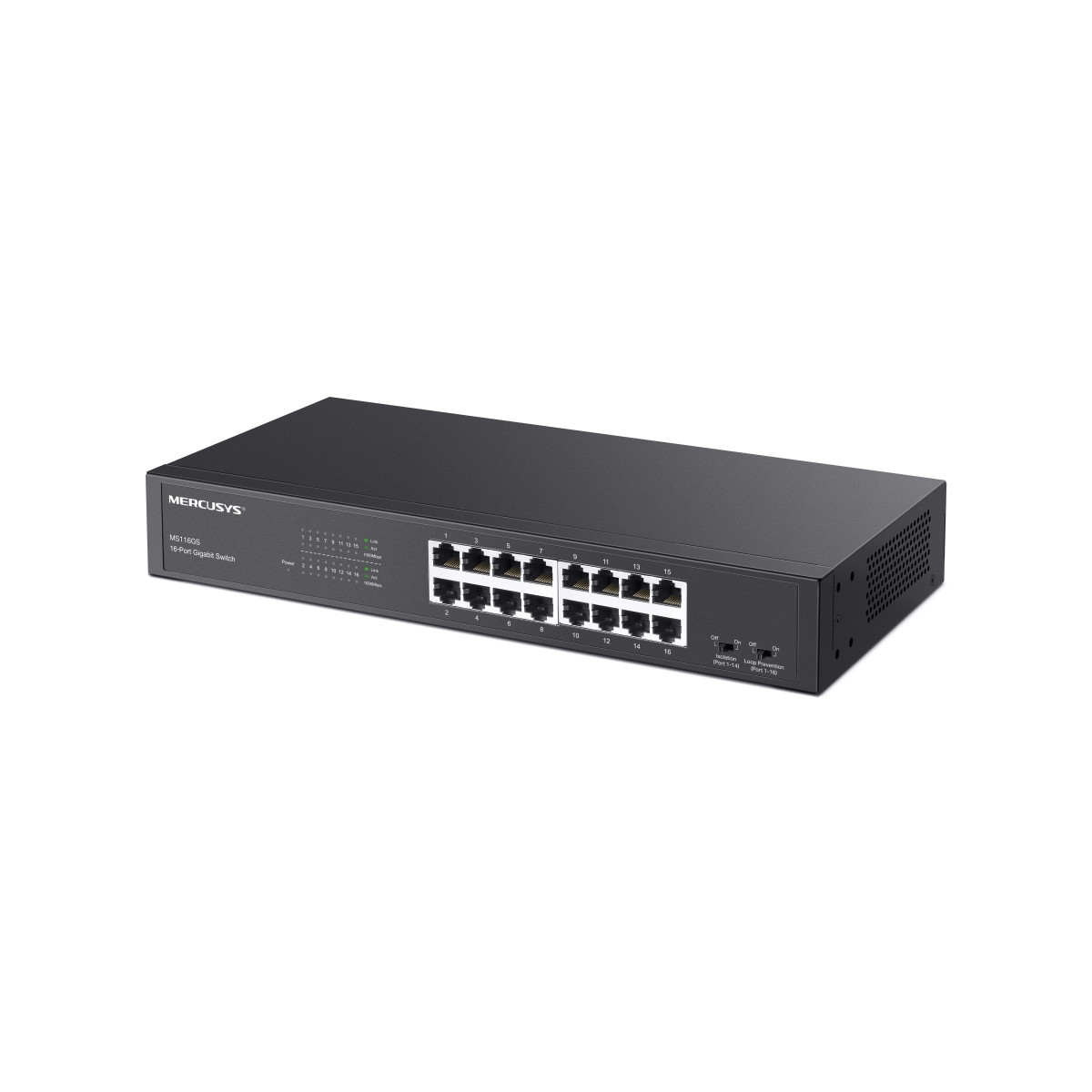 Önünde 1-16 numaralı portları olan siyah Mercusys 16 bağlantı noktalı Gigabit switch.