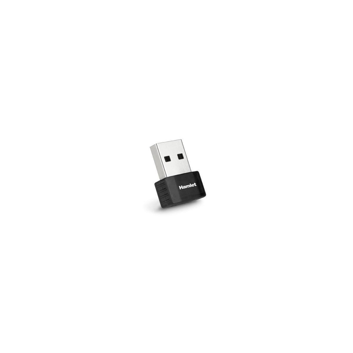 Ein kleiner schwarzer USB-Dongle mit silbernem Anschluss und dem Hamlet-Logo.