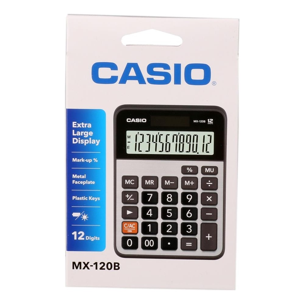 Casio MX-120B hesap makinesi ambalajı, ekranı ve tuşları gösteriyor.