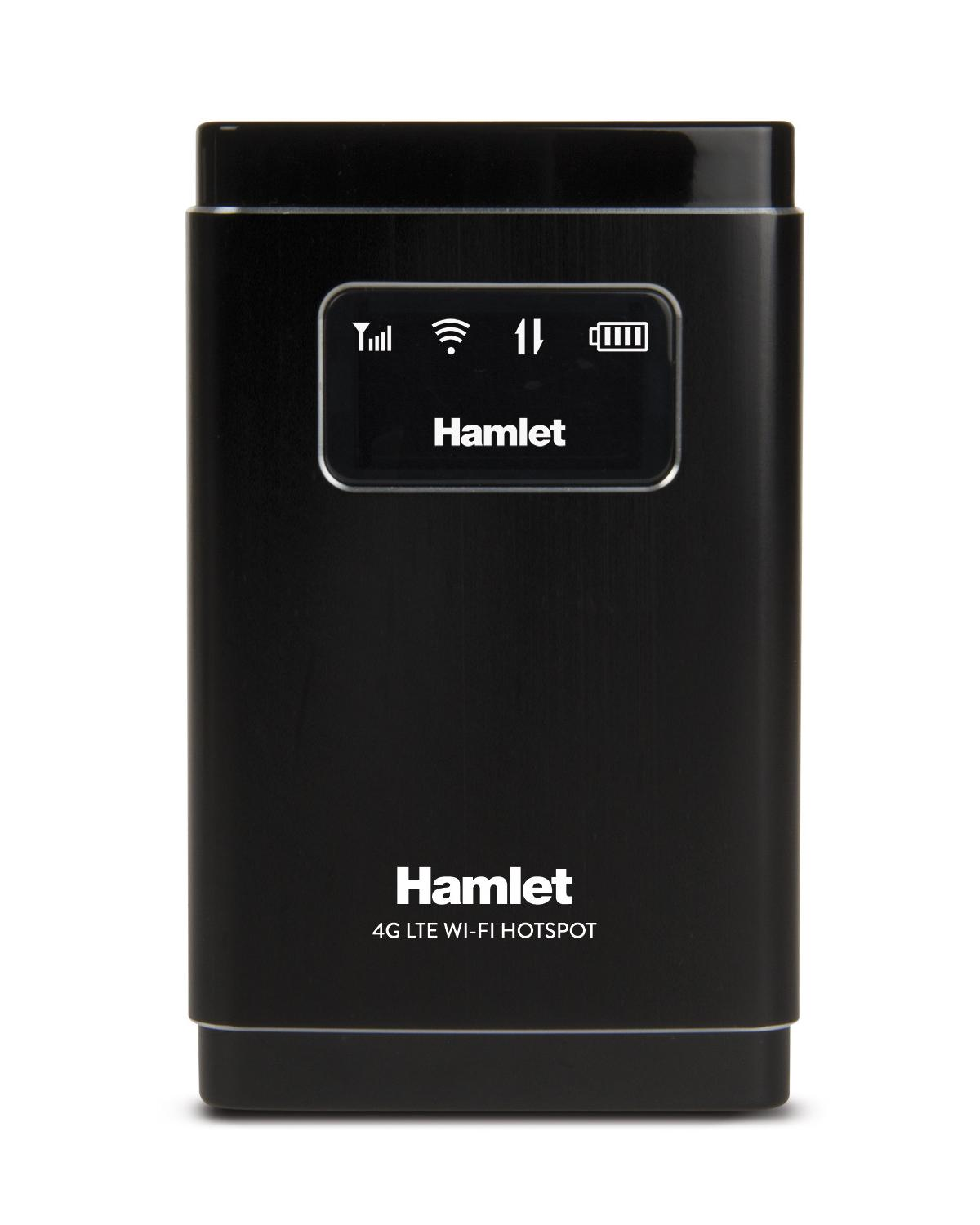 Hotspot Wi-Fi 4G LTE Hamlet nero con icone di segnale, Wi-Fi e batteria.