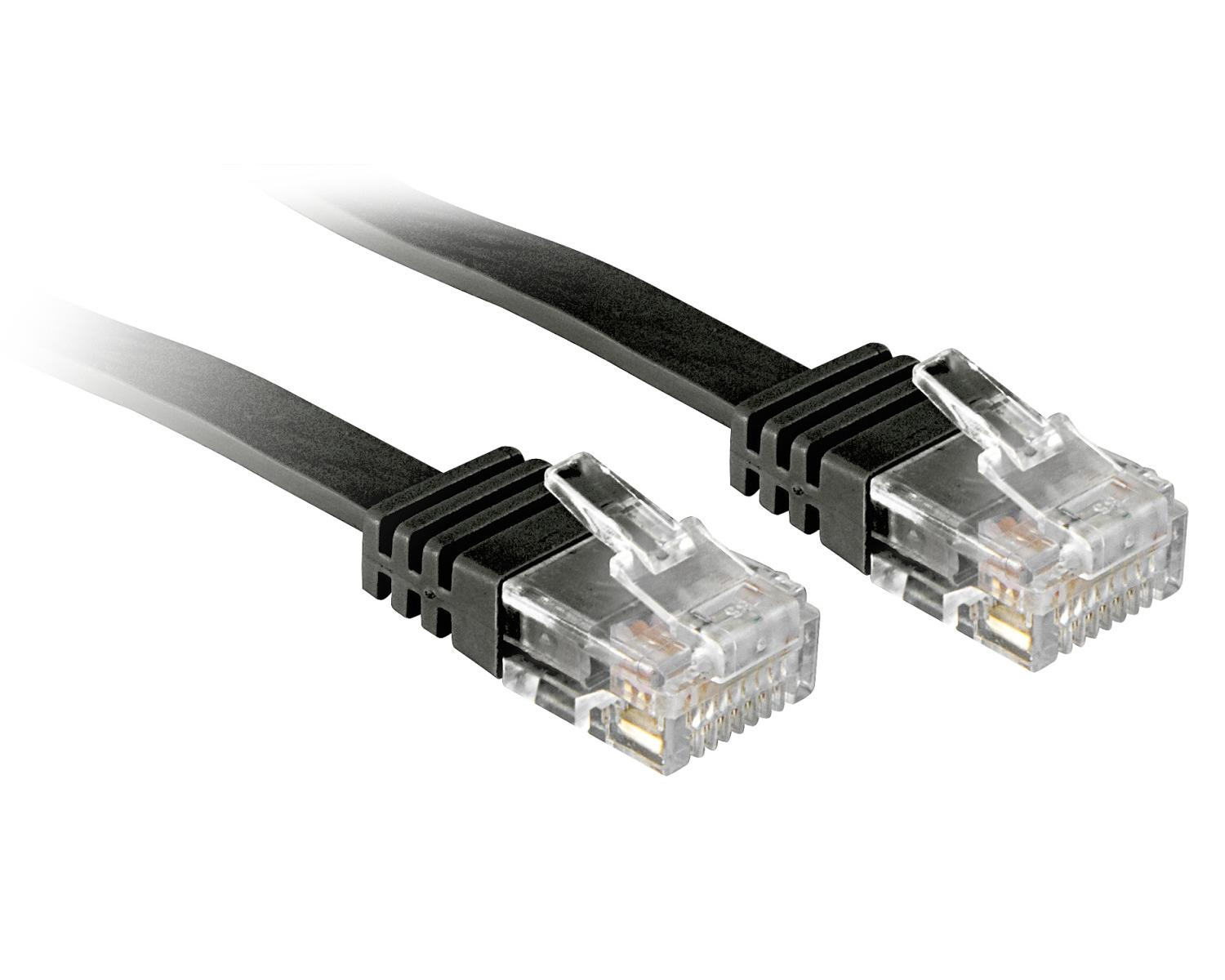 Un cable Ethernet plano negro con dos conectores RJ45 transparentes.