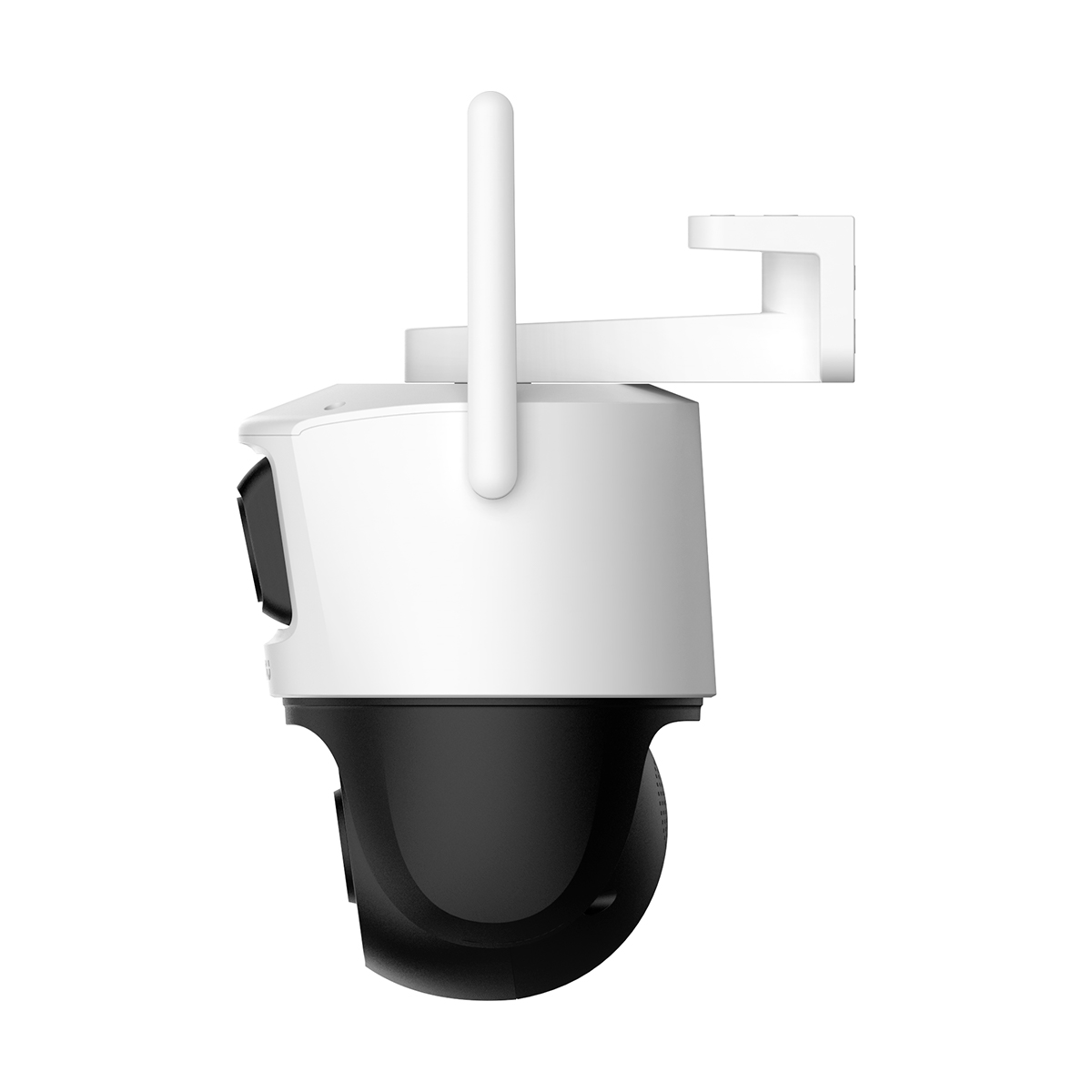 A white security camera with a black base and an antenna, on a white background.