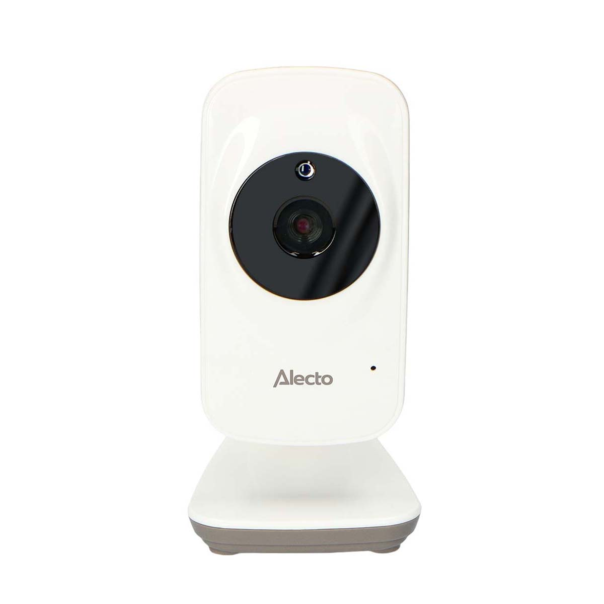 A white baby monitor camera with Alecto logo and black lens on a grey base.