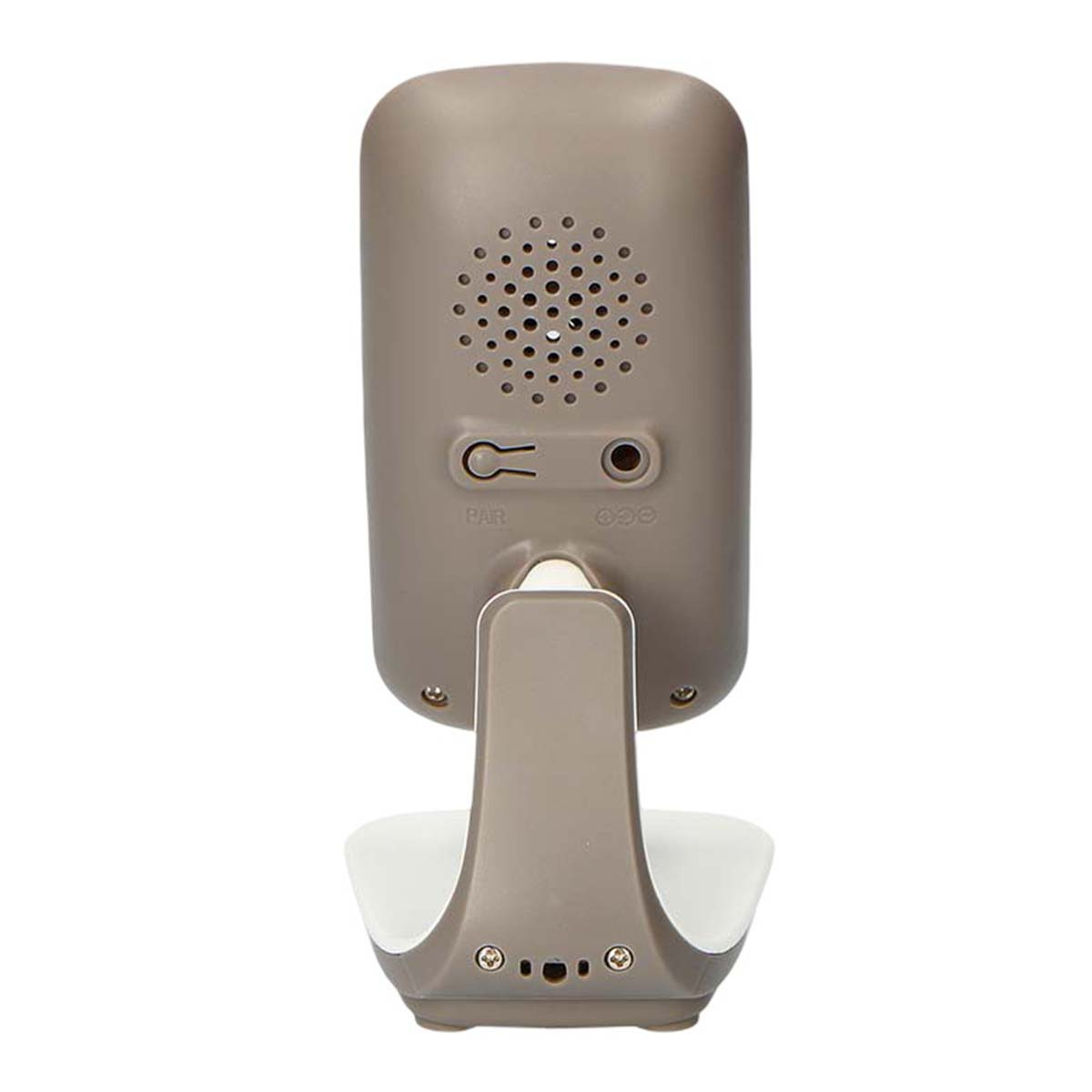 Back of a gray baby monitor with speaker, ports and stand.