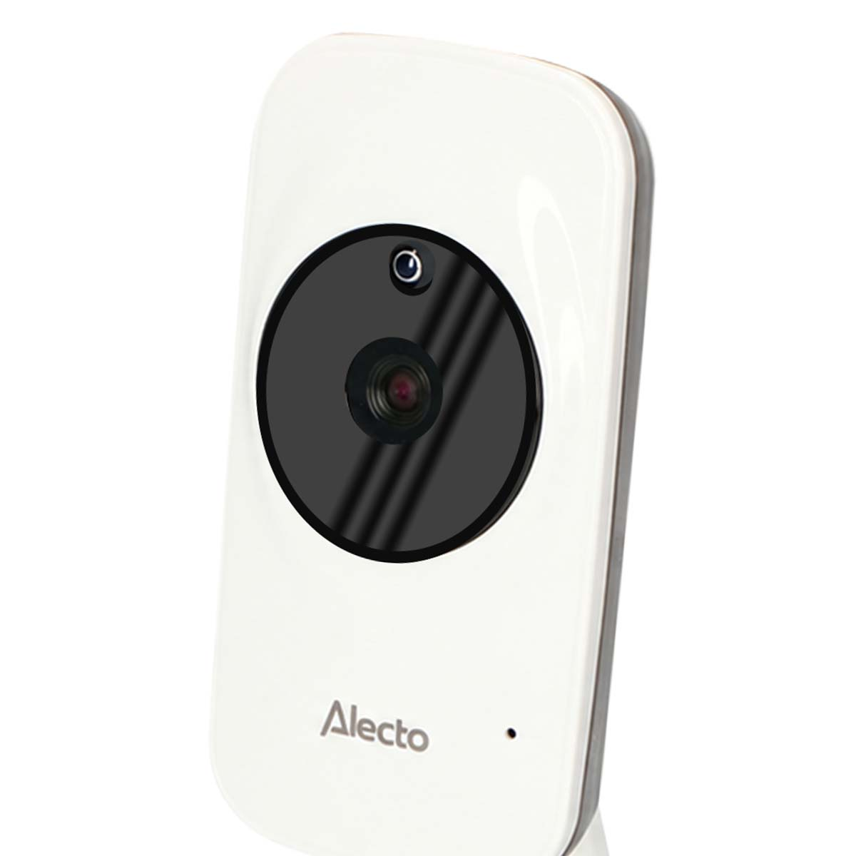 White Alecto baby monitor camera with a black lens and IR LEDs.