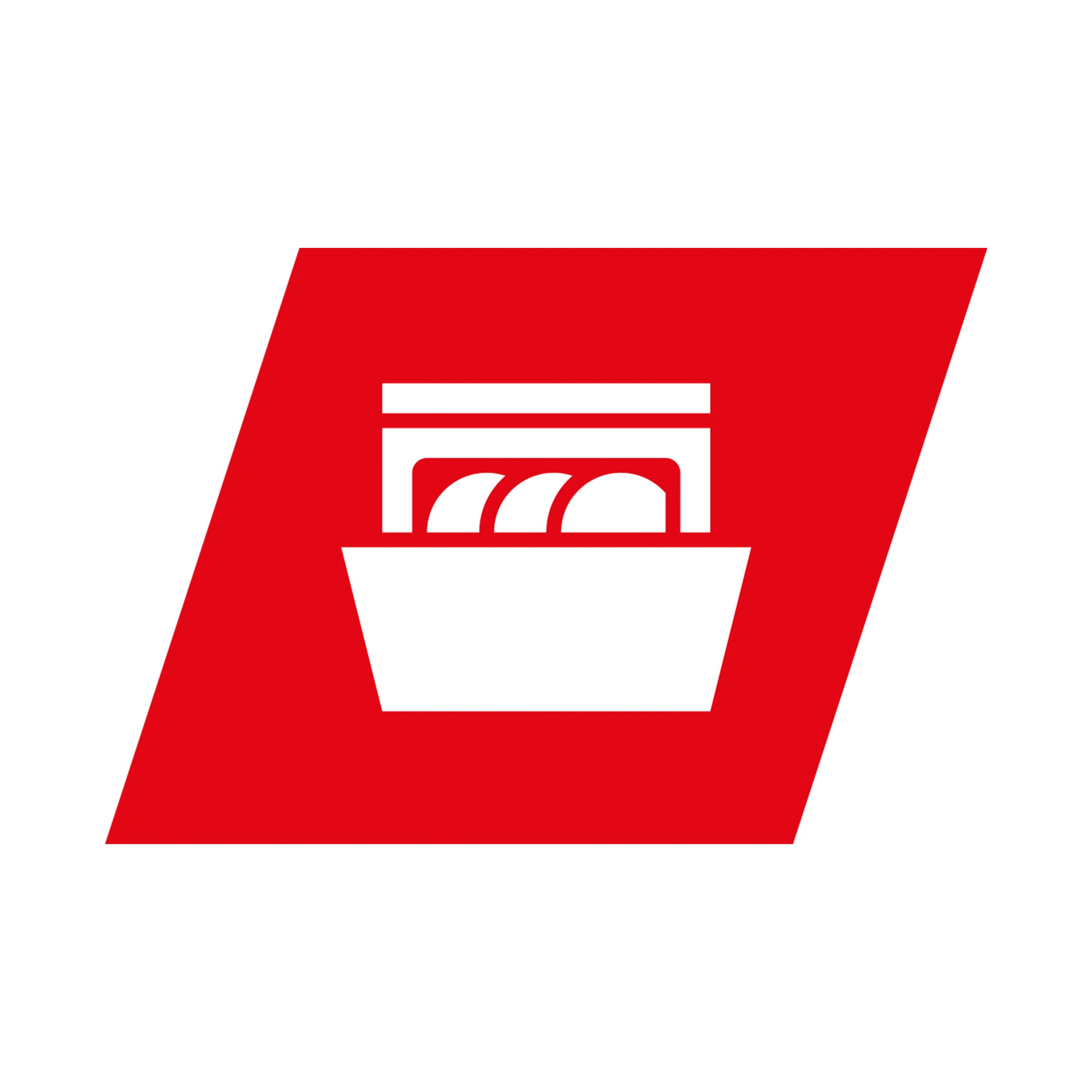 Ein weißes Symbol eines Korbes mit drei runden Gegenständen auf rotem Hintergrund.