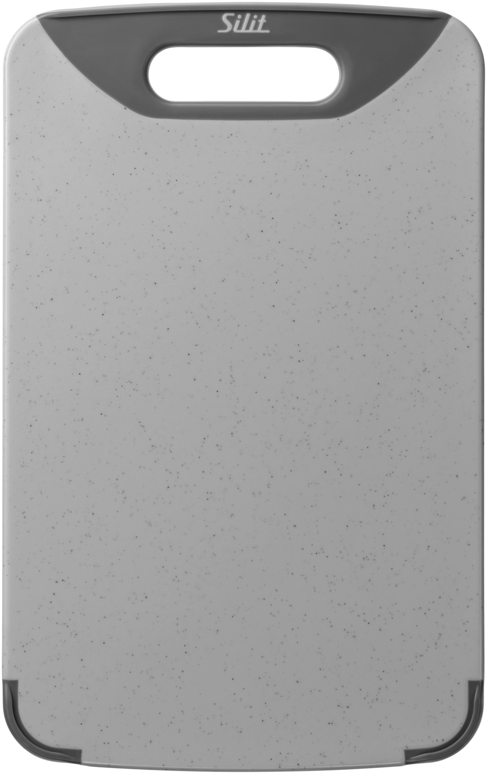 Graue Schneidetafel mit dunklen Sprenkeln und Griff. Silit-Logo oben.