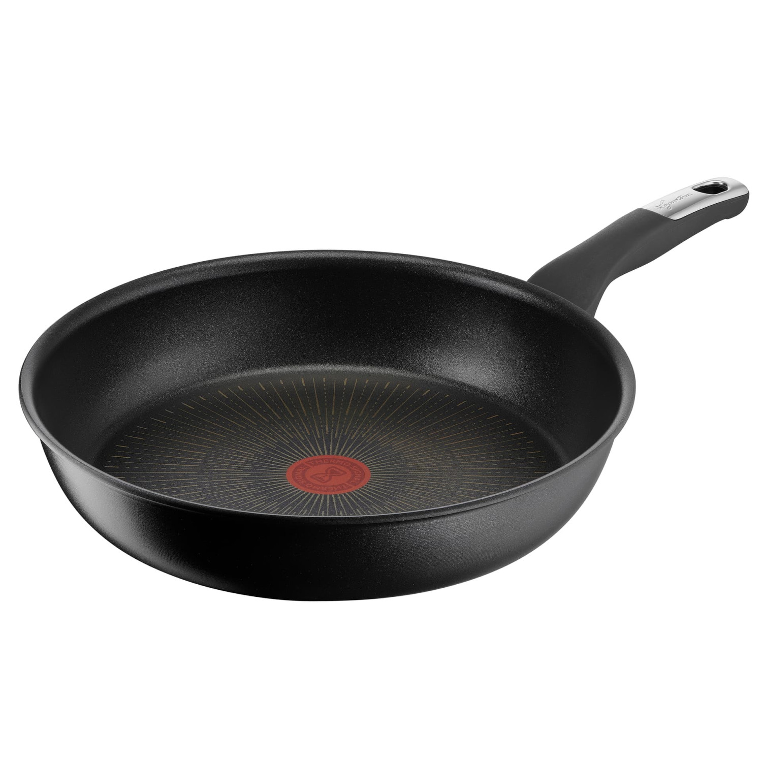 Una padella nera con logo rosso termoseñal e manico.