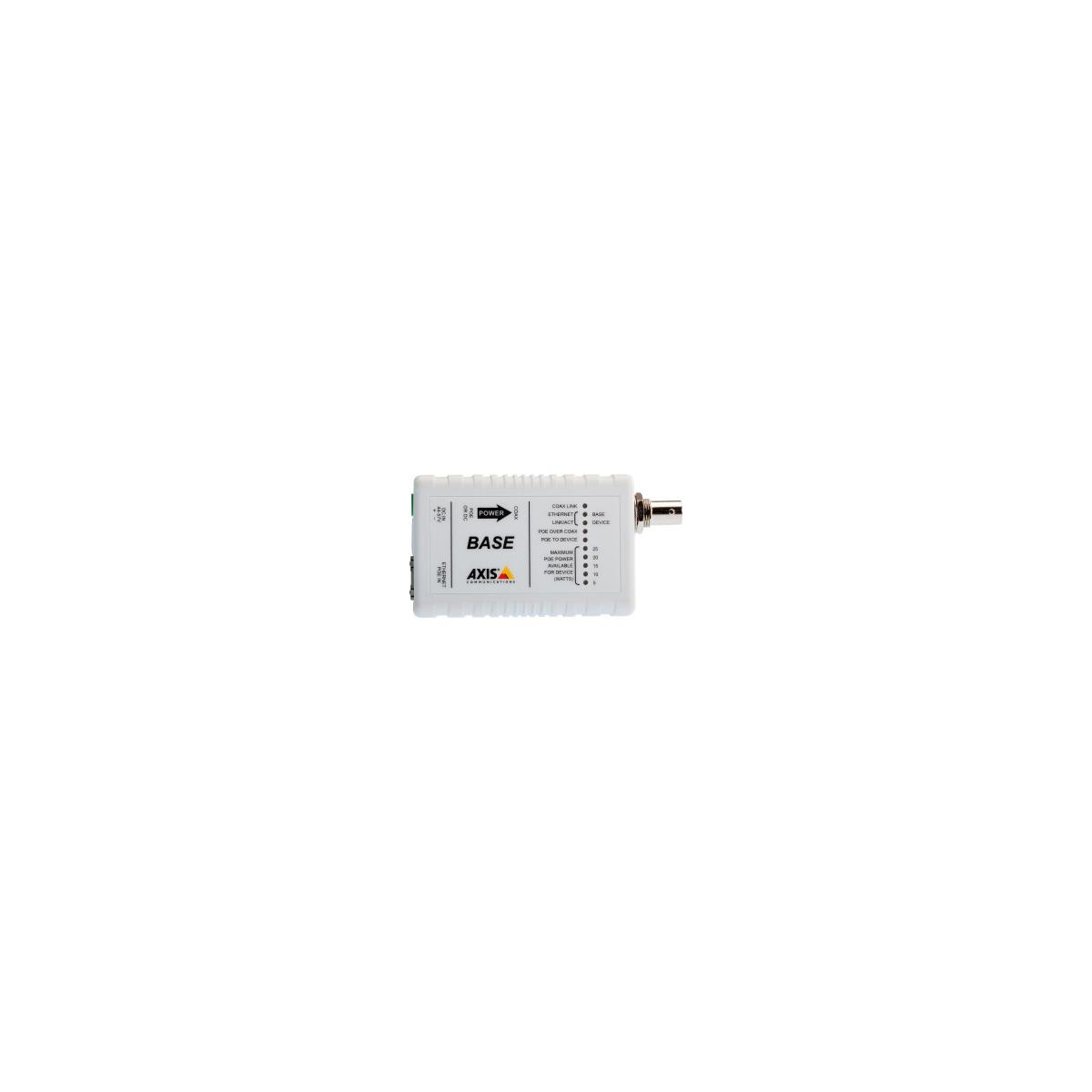 Ein weißes Axis-Gerät mit Anschlüssen und Aufschriften für Strom, Ethernet und Koax.