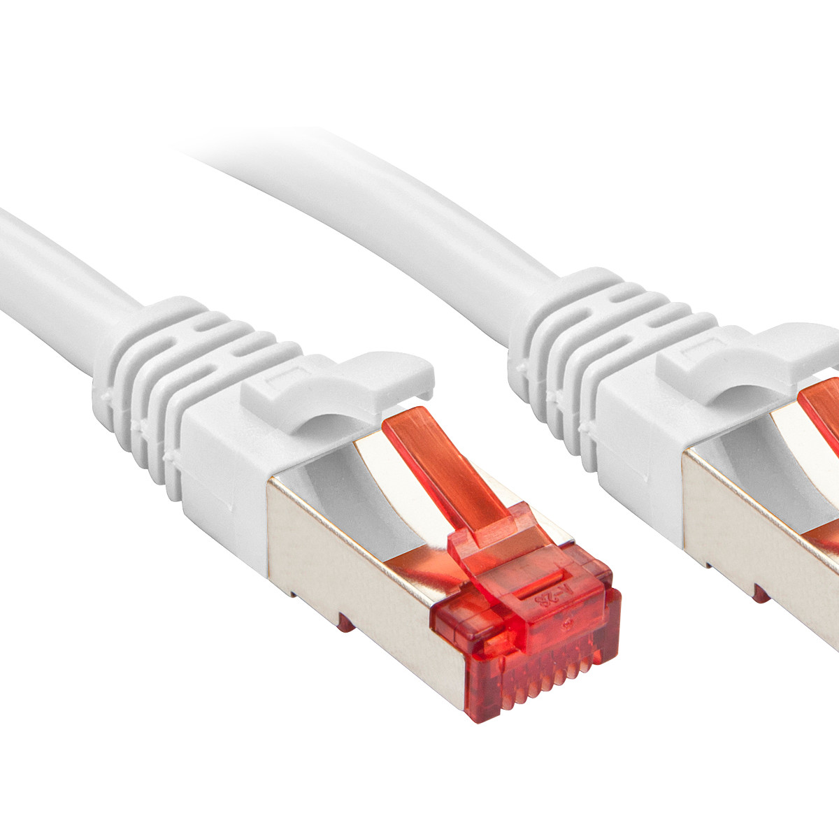 Deux câbles réseau blancs avec connecteurs RJ45 rouges sur fond blanc.