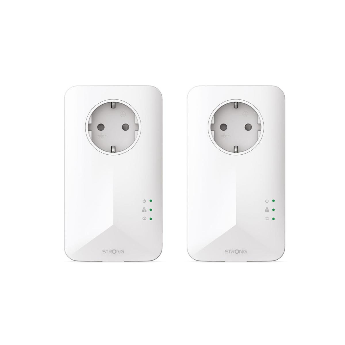 Dos adaptadores blancos STRONG powerline con enchufes y LEDs.