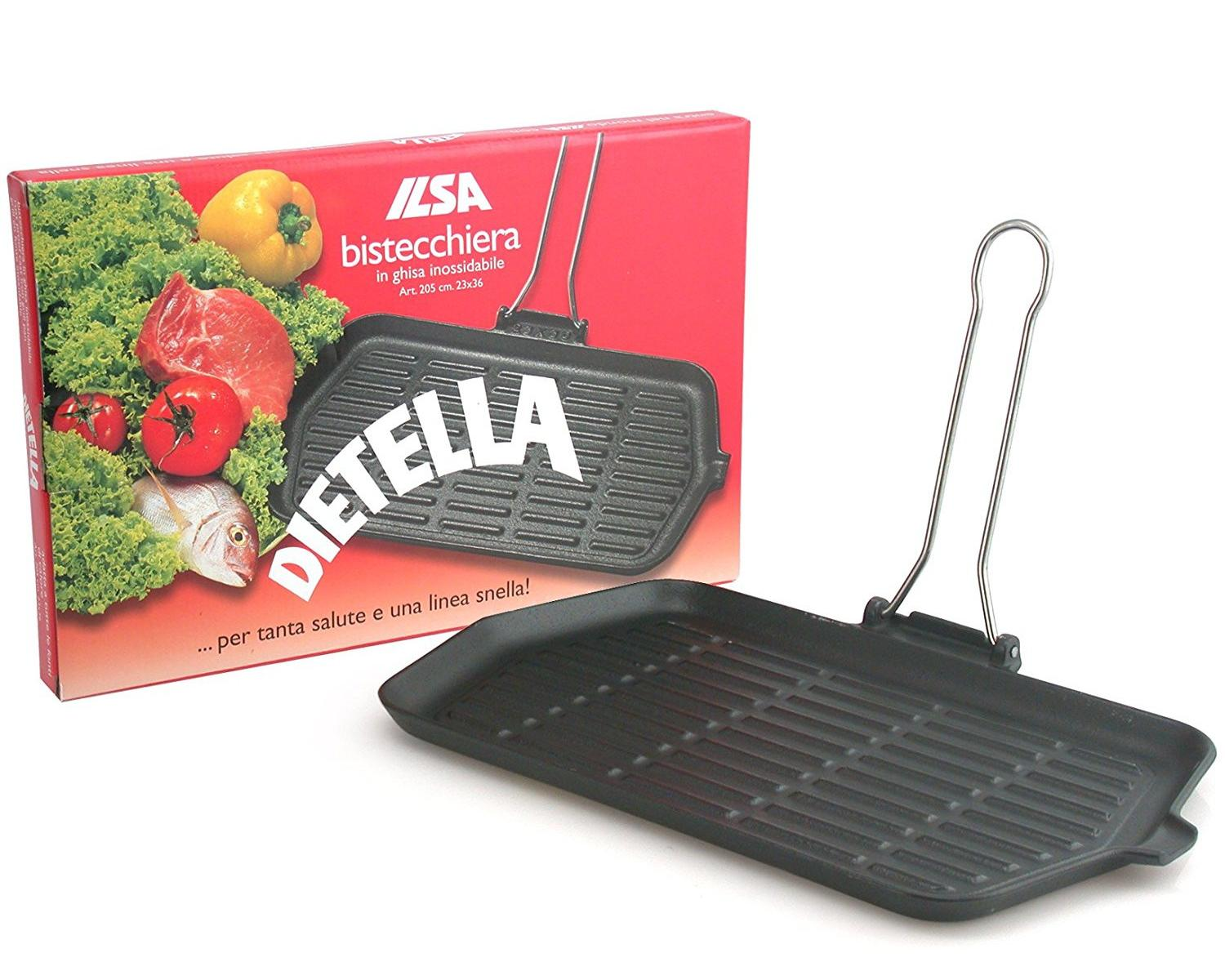 Eine schwarze Gusseisen-Grillpfanne mit silbernem Griff neben ihrer roten Verpackung.